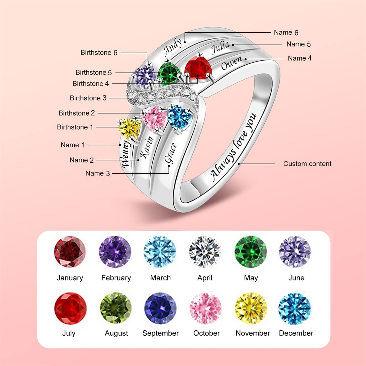 Personalized Mother's Ring with 1-6 Birthstones - 925 Sterling Silver Custom Engraved Family Jewelry - Perfect Gift for Mom, Women, Mother's Day - Ideal for Anniversary, Birthday & Special Occasions