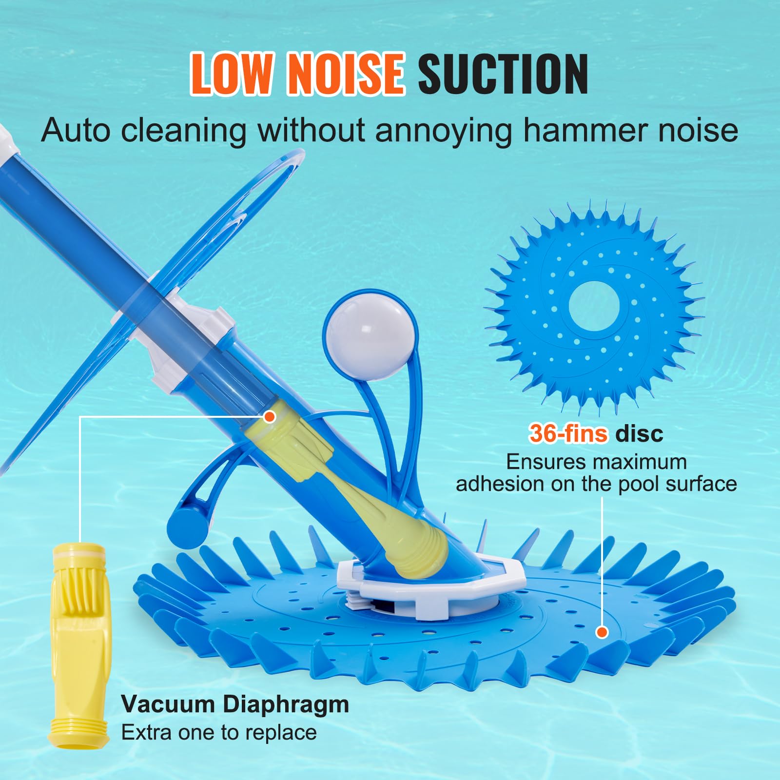 VEVOR Automatic Suction Pool Cleaner - Low Noise Robotic Vacuum with Extra Diaphragm, 10 x 32 in Hoses & 36-Fin Disc - Ideal for Above Ground & Inground Pools - Perfect for Backyard, Vacation Homes & Commercial Use