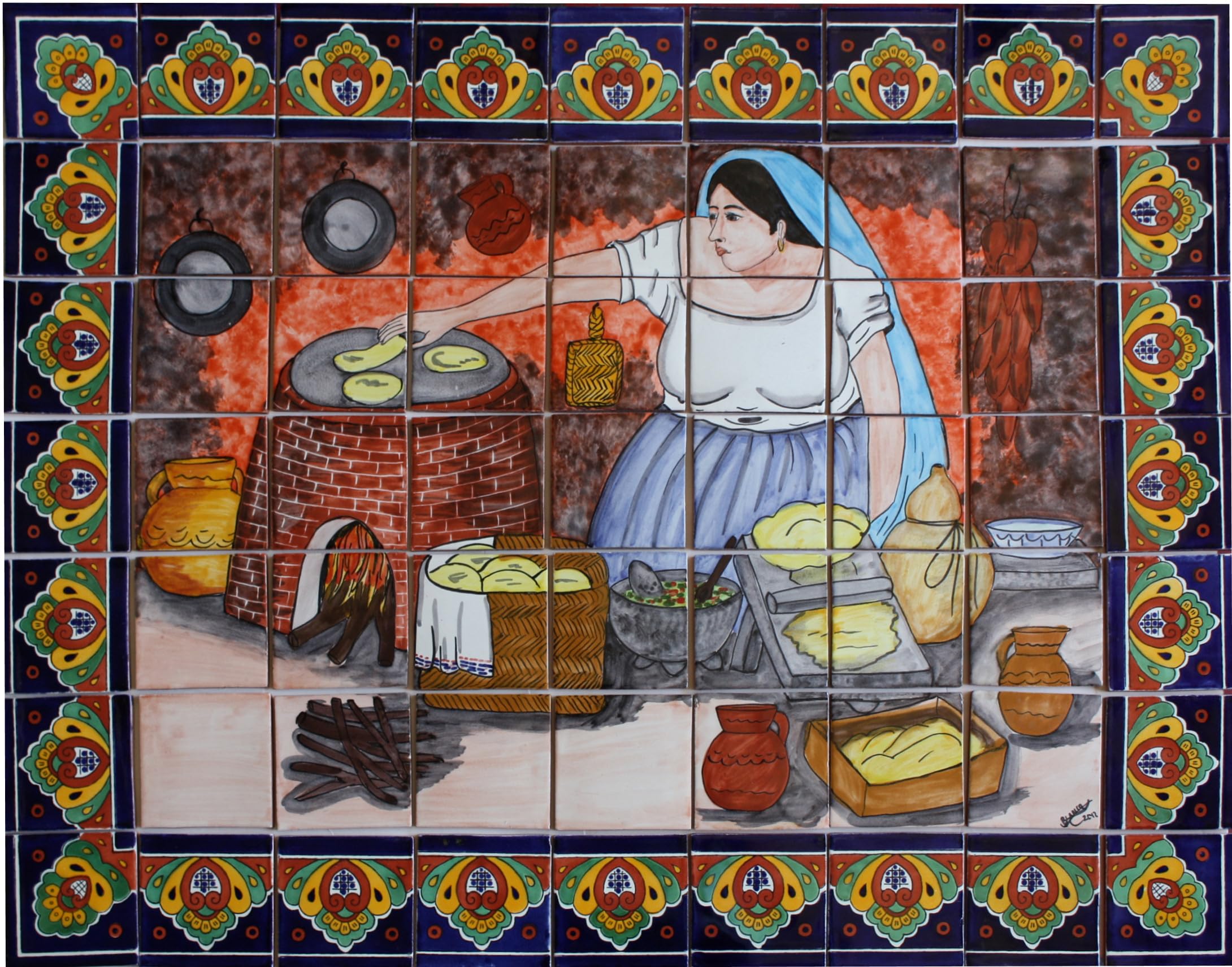 Authentic Mexican Talavera Clay Tile Mural - Handcrafted Tortilla Maker for Kitchen Decor | Perfect for Southwestern Style Homes, Restaurants & Outdoor Spaces
