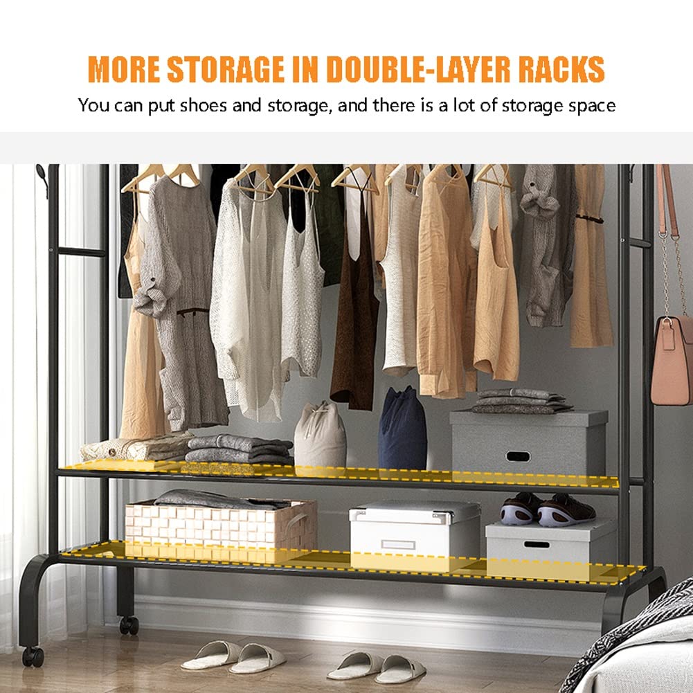 Freestanding Rolling Clothes Rack with Wheels & Double Rails - Heavy Duty Garment Rack with Shelves for Bedroom, Open Wardrobe, Coat Storage (Black, 146x45x157cm) - Perfect for Small Spaces, Apartments & Closet Organization