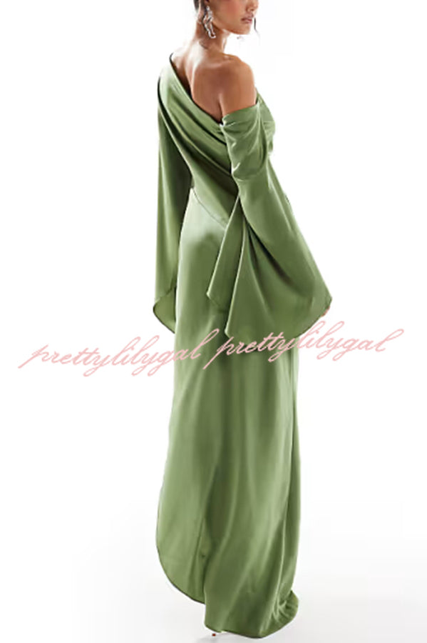 Zayla Women's Elegant Satin Asymmetrical One Shoulder Bell Sleeve Slit Maxi Dress for Evening Party, Wedding Guest, Prom & Special Occasions