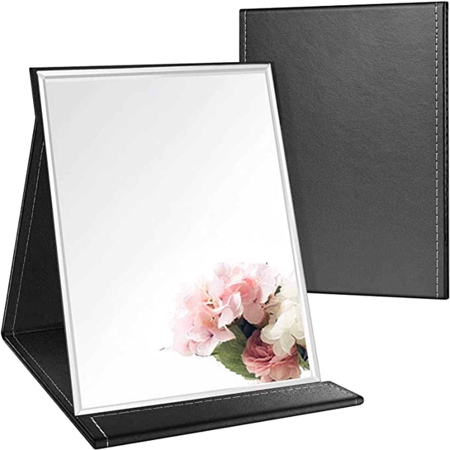 ARQIVO Folding PU Leather Makeup Mirror - Portable Desktop Mirror with Stand, Compact Travel Mirror for Home & Office, Simple Black Design - Perfect for Makeup, Skincare & Travel (1 Pack)