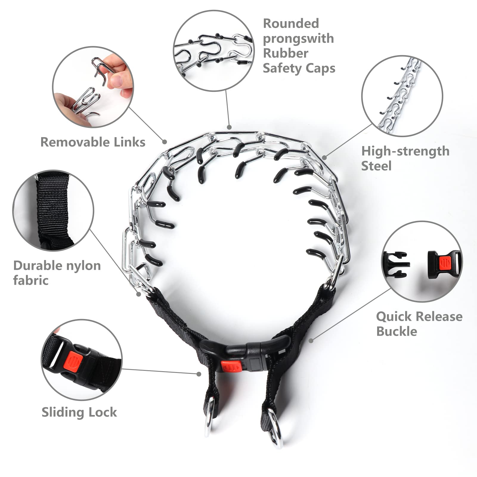 Adjustable No-Pull Dog Prong Collar with Quick Release Buckle & Rubber Tips - XL Size (20