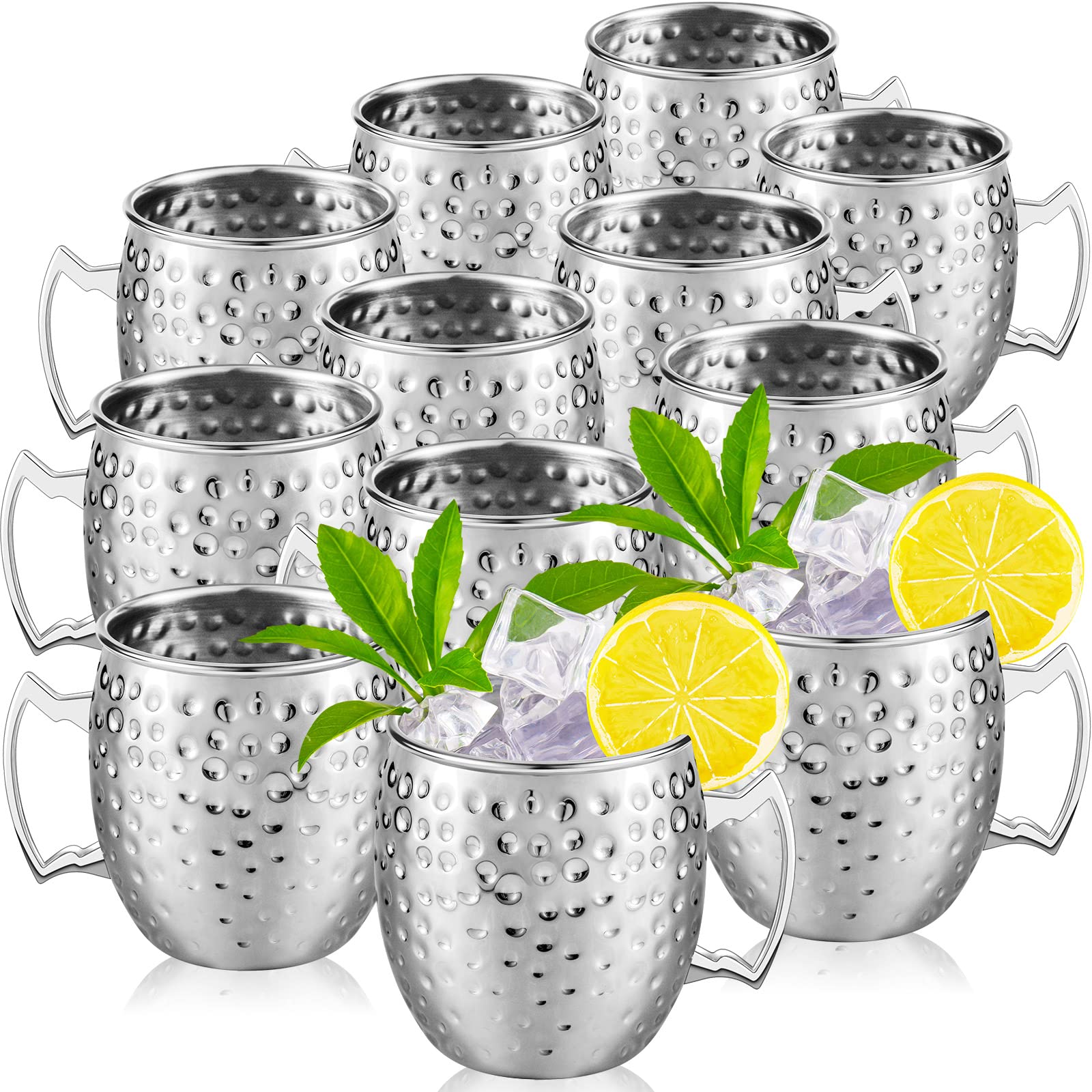 12-Pack Moscow Mule Mugs Set - 19oz Hammered Copper Cups, 304 Stainless Steel Copper-Plated for Chilled Cocktails, Iced Coffee & Wine - Trendy Silver Design (3.6 Inch) - Perfect for Parties, Bars, Home Entertaining & Gift Giving