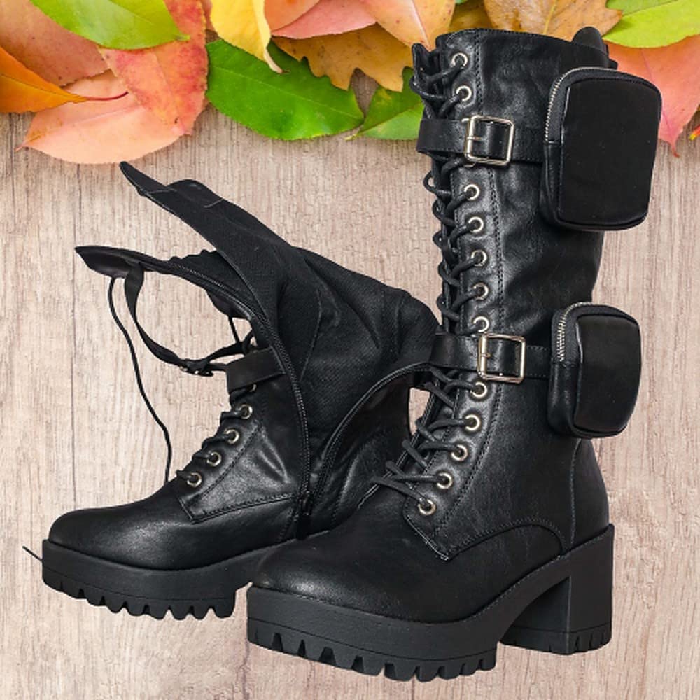 Women's Chunky Heel Combat Boots - Mid Calf Platform Booties with Block Heels for Everyday Wear, Street Style & Fall Fashion