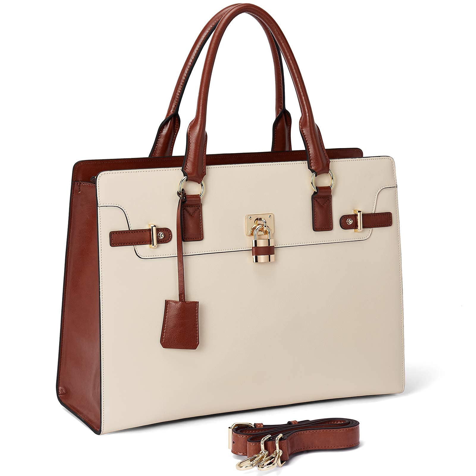 BOSTANTEN Women's Leather Laptop Briefcase - 15.6 Inch Professional Work Tote Bag with Shoulder Strap & RFID Blocking Wallet Set | Stylish Beige Office Handbag for Business Women, Commuting & Travel