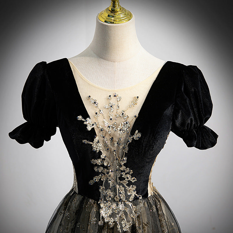 Elegant Black A-Line Long Prom Dress with Sequins, Velvet & Tulle - Formal Evening Gown 645 for Homecoming, Ball, Wedding & Special Occasions