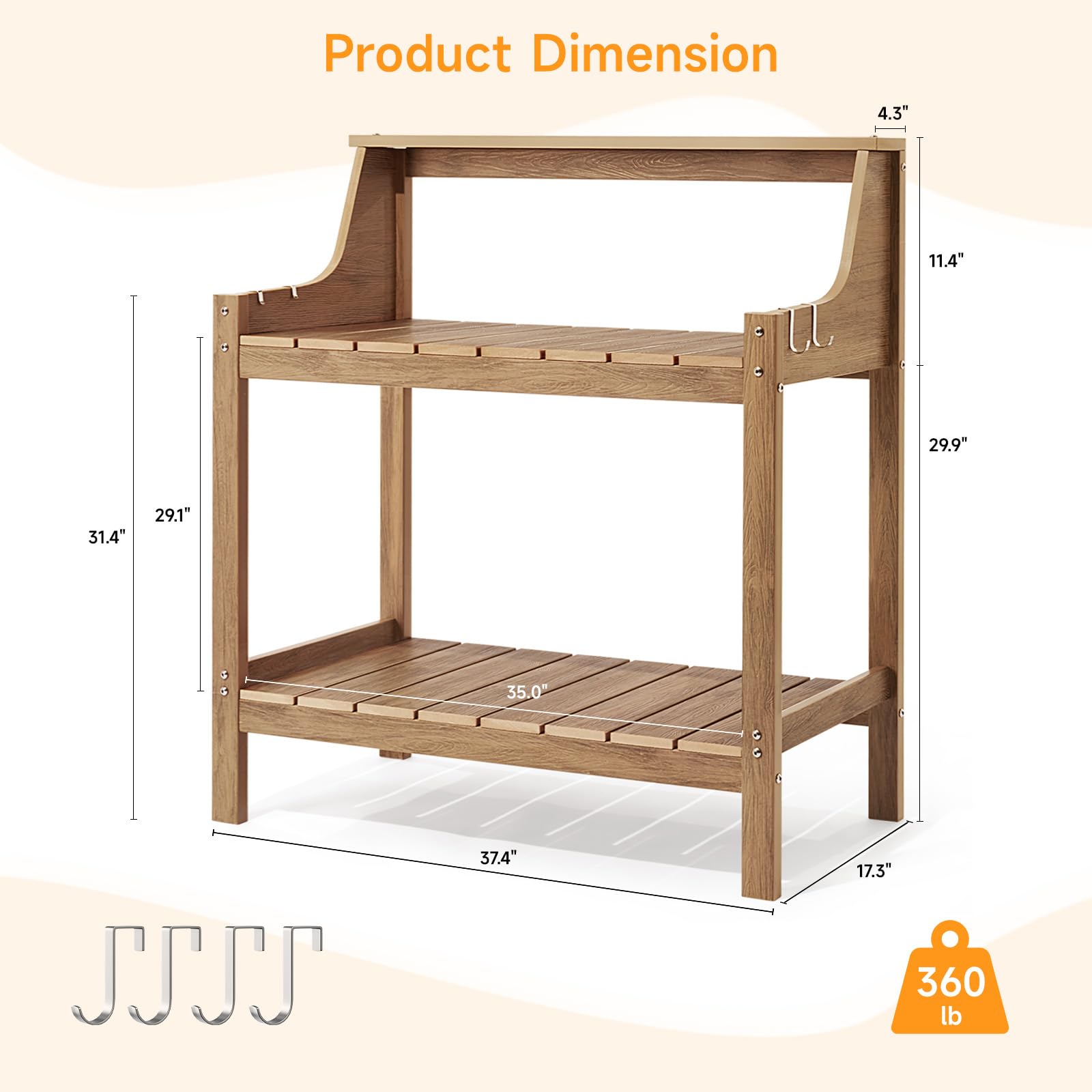 Heavy Duty Potting Bench with 4 Side Hooks - All-Weather Outdoor Garden Work Table, Rustproof & Fade-Resistant Teak Wood Potting Station for Porch, Patio or Greenhouse (360lbs Capacity, Large) - Perfect for Planting, Repotting & Gardening Tasks