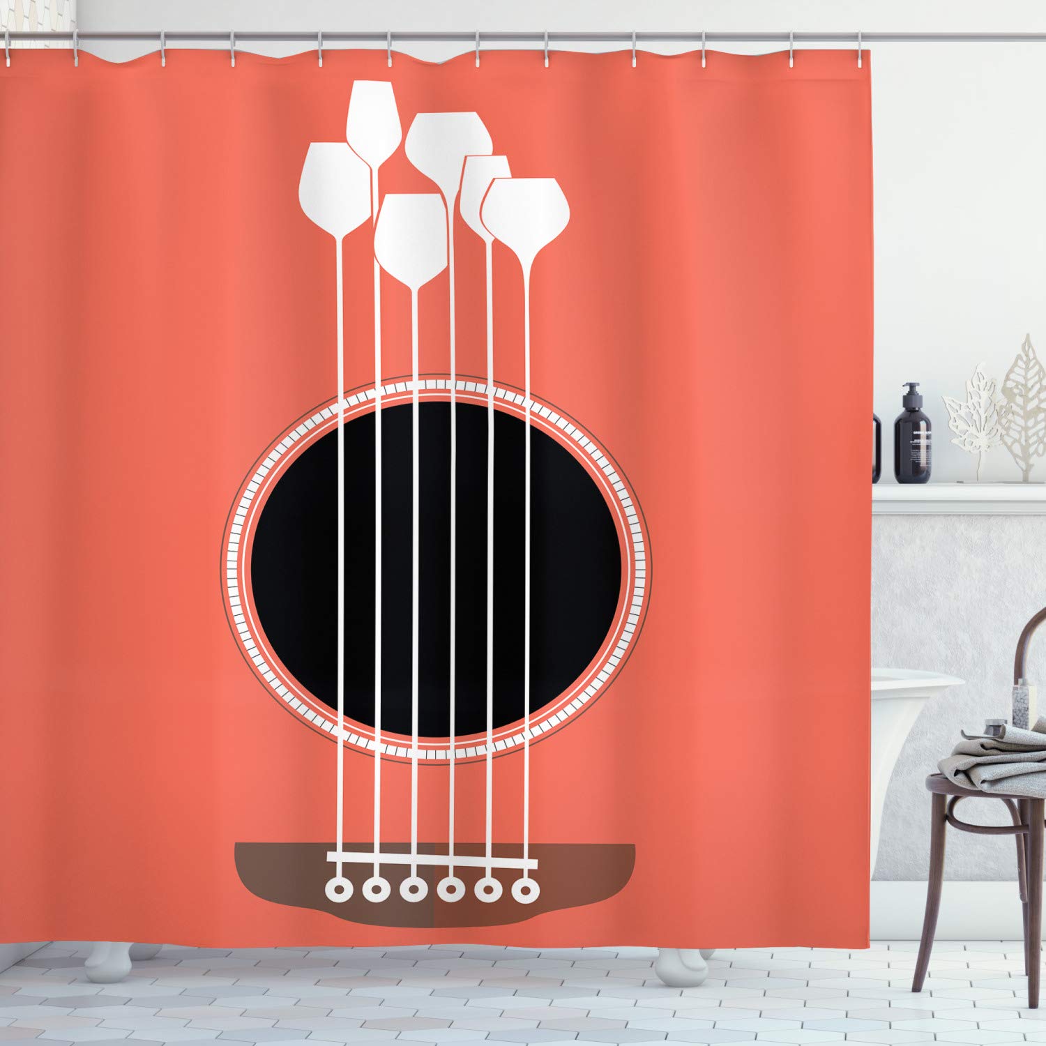 Ambesonne Musical Bar Shower Curtain - Acoustic Guitar & Wine Glass Design, 69x75 Inches, Salmon White Dark Grey Brown - Waterproof Fabric Bathroom Decor with Hooks - Perfect for Music Lovers' Home, Bar or Cafe Bathroom