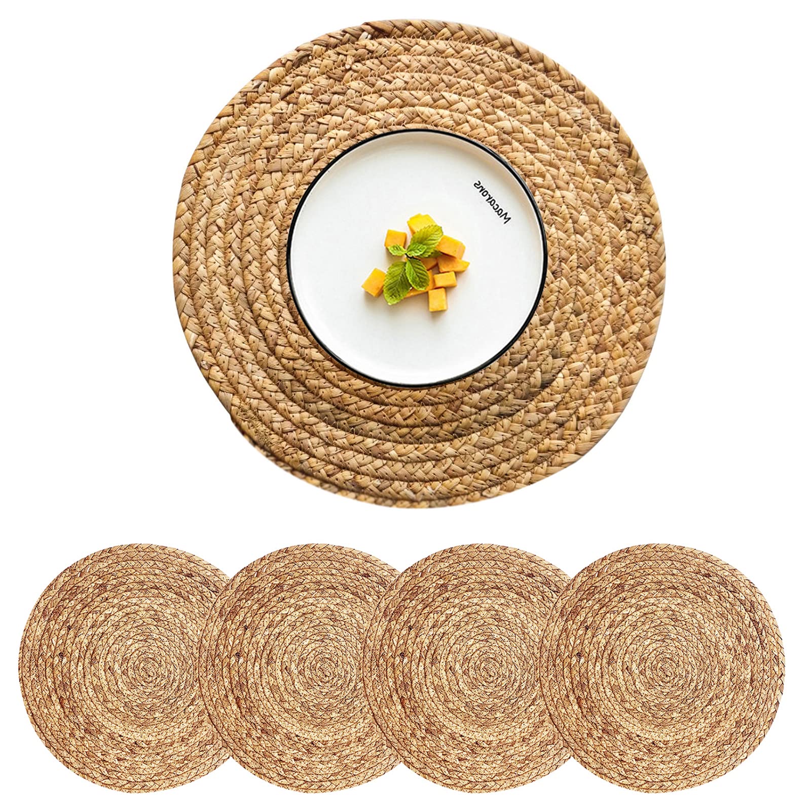 Round Woven Placemats Set of 4 - Natural Water Hyacinth & Rattan Wicker Place Mats - 13.5 Inch Heat Resistant Boho Farmhouse Style - Perfect for Outdoor Patio Dining, Picnics & Home Decor