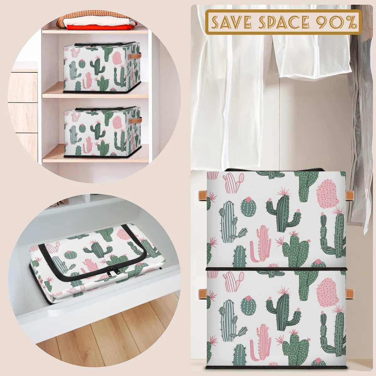Foldable Fabric Storage Bins with Lids - Stackable Closet Organizer for Clothes, Toys, Blankets | Dustproof Collapsible Storage Cubes for Bedroom, Nursery, Office & Home Organization (Cactus Design)