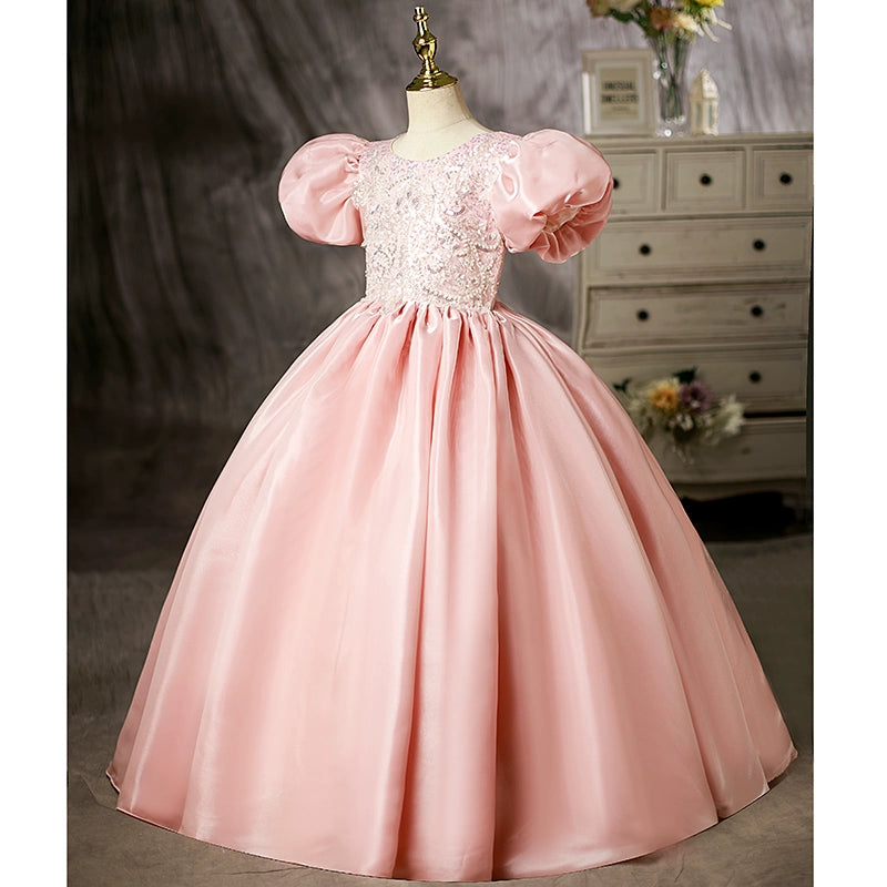 Pink Princess Scoop Floor-Length Satin Flower Girl Dress for Weddings, Pageants & Special Occasions