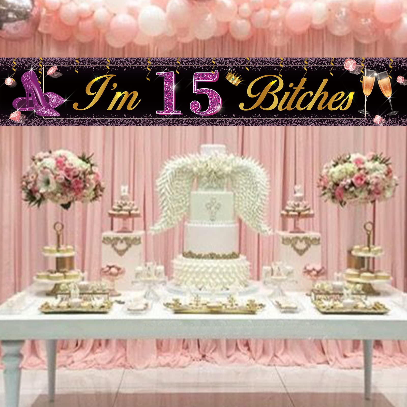 Funny 15th Birthday Banner - Large Purple & Gold 'I'm 15 Bitches' Party Sign for Girls | Sweet Sixteen Yard Decorations | Perfect for Birthday Parties, Backyard Celebrations & Teenage Milestone Events