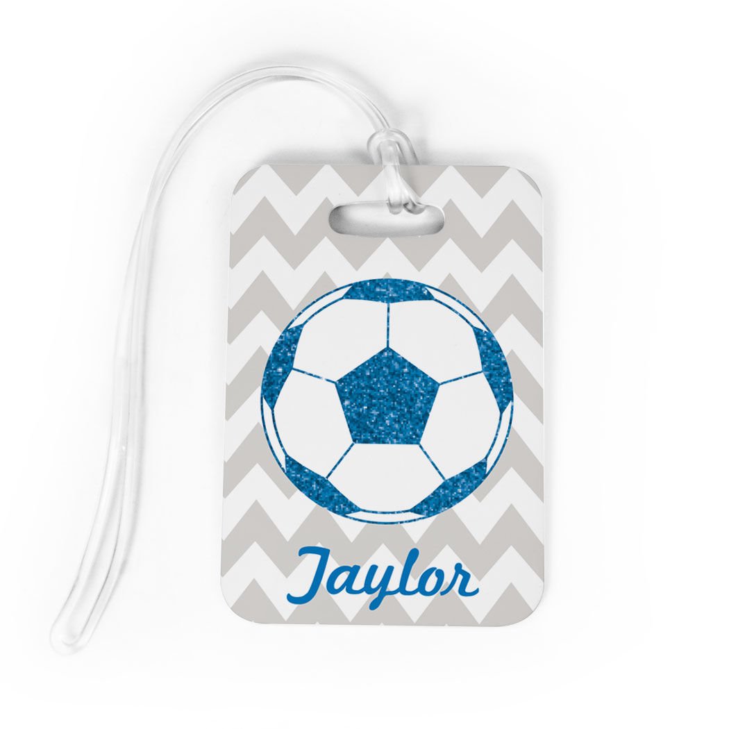 Personalized Glitter Soccer Ball Luggage Tag - Medium Blue Soccer Bag Tag with Standard Lines on Back - Perfect for Travel, Sports Gear & Team Identification
