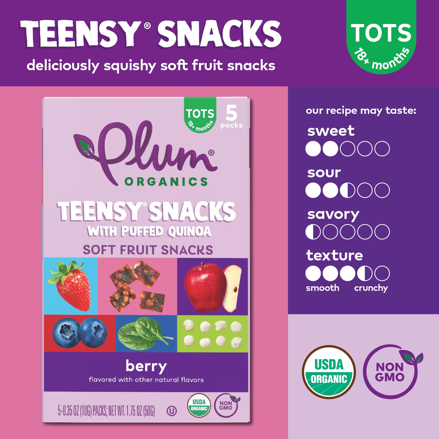 Organic Plum Teensy Snacks Berry Fruit & Quinoa Puffs - 40 Pack (0.35oz Bags) - Healthy Toddler Snacks for On-the-Go, Daycare & Lunchboxes