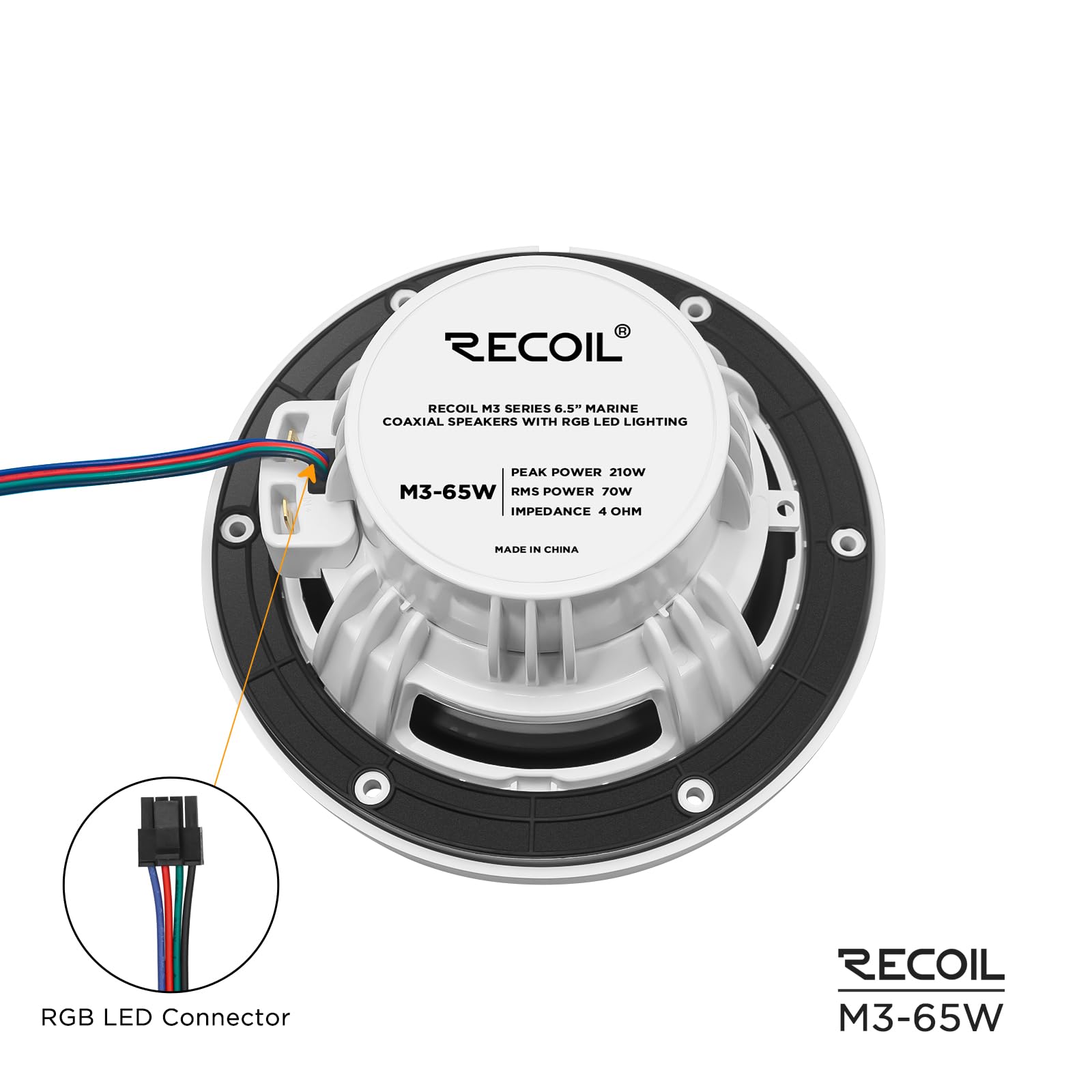 RECOIL M3-65W 6.5 Inch 2-Way Marine Boat Coaxial Speakers with Built-in RGB LED Lights - Pair of 4Ohm 210W Max Waterproof White Speakers for Boats, Yachts & Outdoor Marine Audio Systems