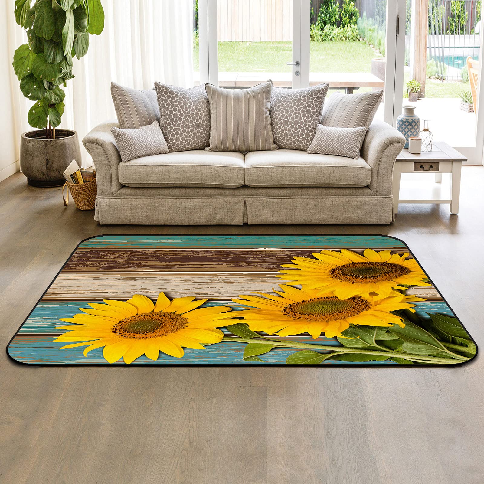 5' x 7' Modern Large Area Rugs - Sunflower Pattern Throw Carpet for Nursery, Living Room & Bedroom - Teal Green Ombre Shabby Wood Plank Design - Indoor/Outdoor Rustic Style Floor Cover - Perfect for Kids' Rooms, Home Decor & Cozy Spaces