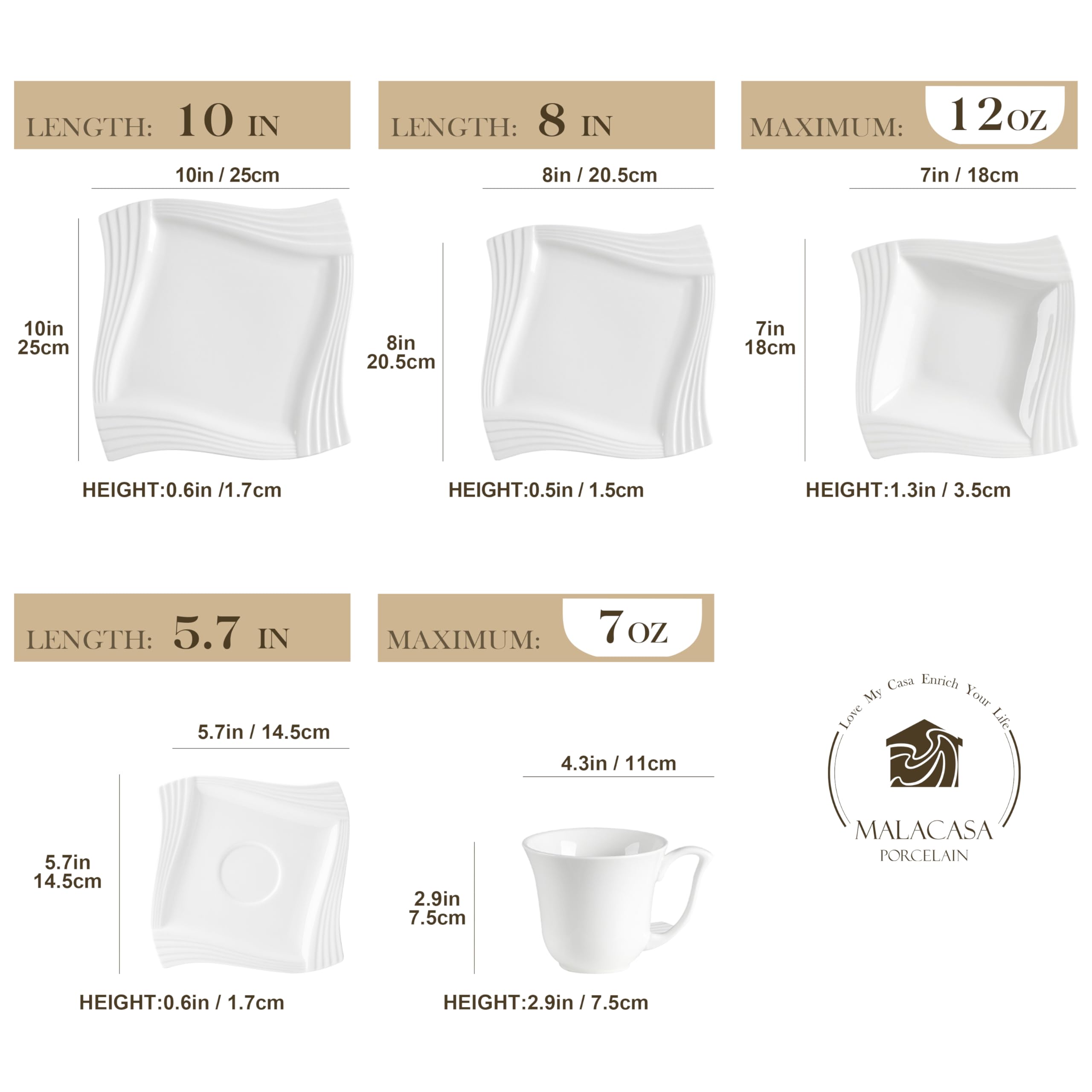 MALACASA 30-Piece Square Porcelain Dinnerware Set for 6 - White Plates, Bowls, Cups & Saucers - Elegant Ivory White Dish Set for Dining, Entertaining & Everyday Use - Series Amparo