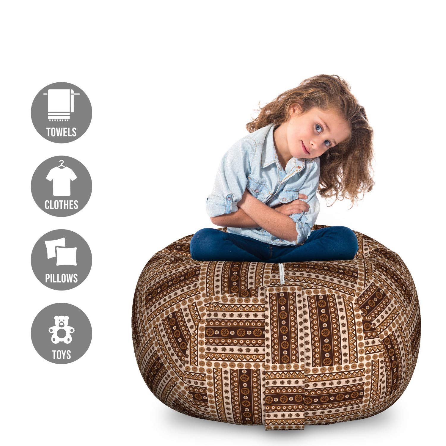 Ambesonne Bohemian Geometric Toy Storage Bag Chair - Large Washable Stuffed Animal Organizer in Earth Tones (Brown Caramel) | Perfect for Kids' Room, Nursery, Playroom & Home Organization