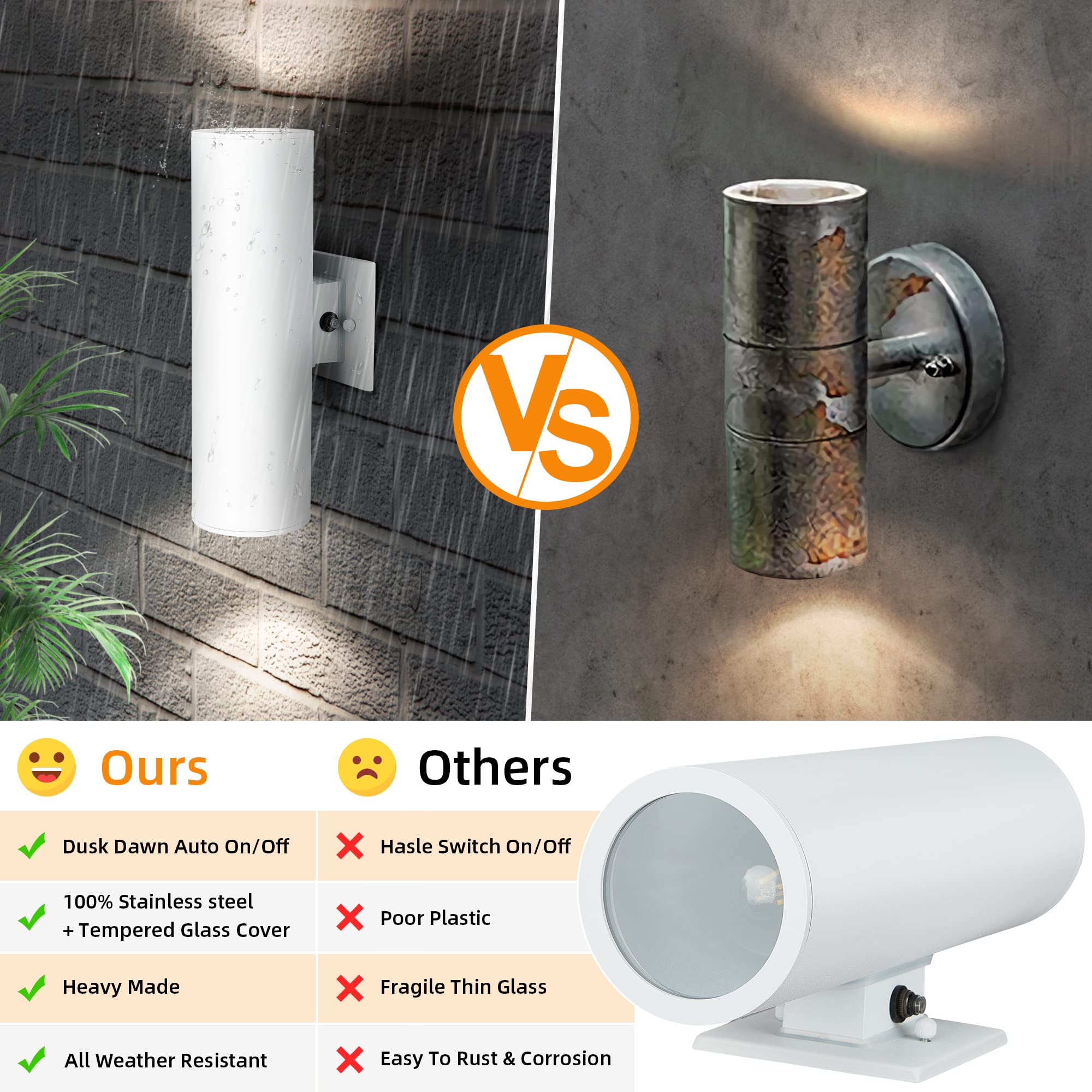 Outdoor Wall Lights with Dusk to Dawn Sensor - Matte White Exterior Lanterns, E26 Base Socket, Waterproof & Anti-Rust Up Down Wall Mount Lights for Porch, Patio, Garage Doorway - Perfect for Home Security and Nighttime Illumination