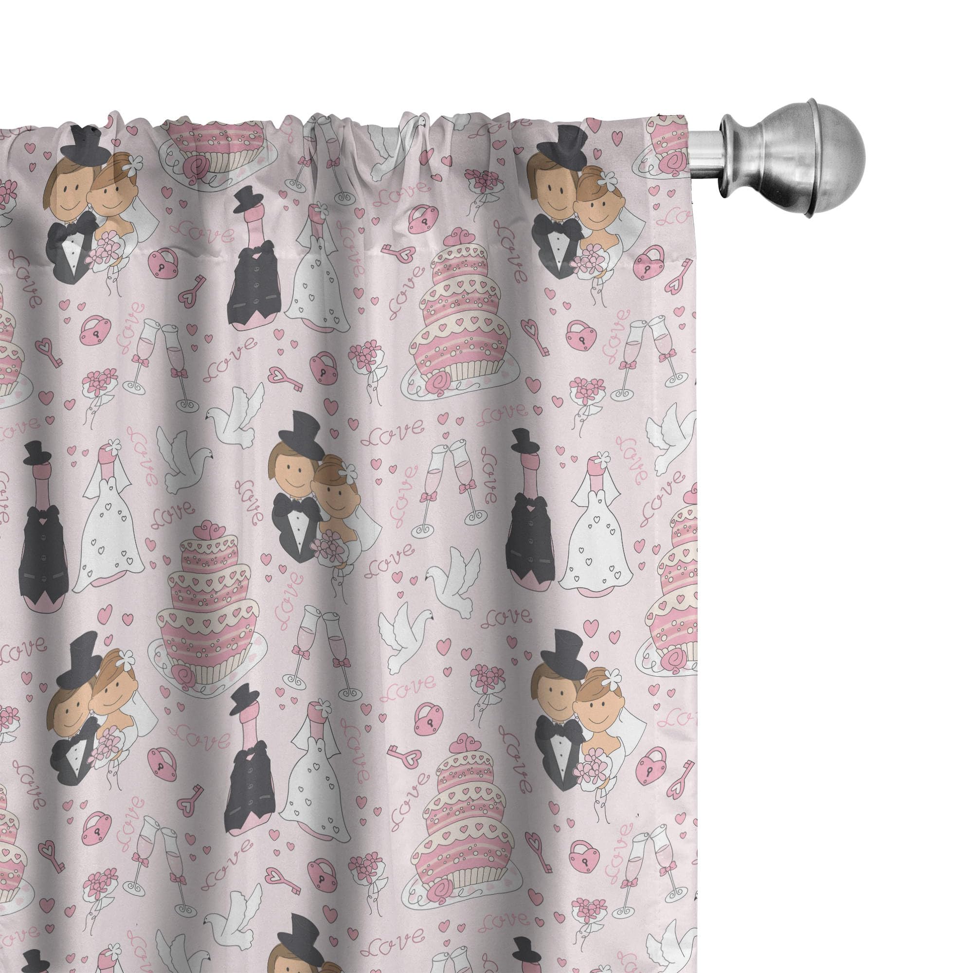 Ambesonne Wedding Window Curtains - Hand Painted Couple Silhouette with Celebration Cake & Flowers Design - Lightweight Blackout Drapes 2 Panel Set (28x84 Inch) - Pink White Black for Bedroom, Living Room & Bridal Shower Decor