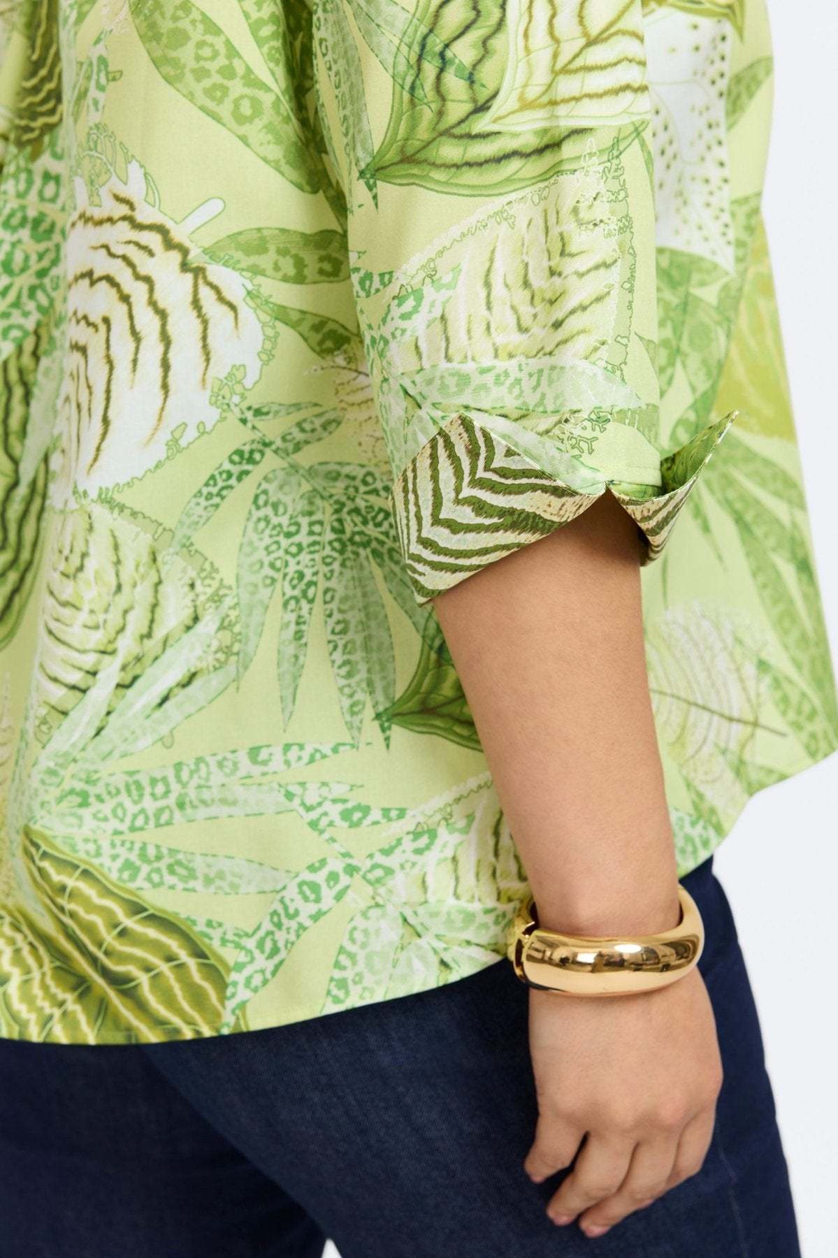 Agnes Plus Jungle Leaves Print 3/4 Sleeve Popover Shirt for Women - Tropical Vacation Shirt, Beach Cover Up, Summer Casual Wear