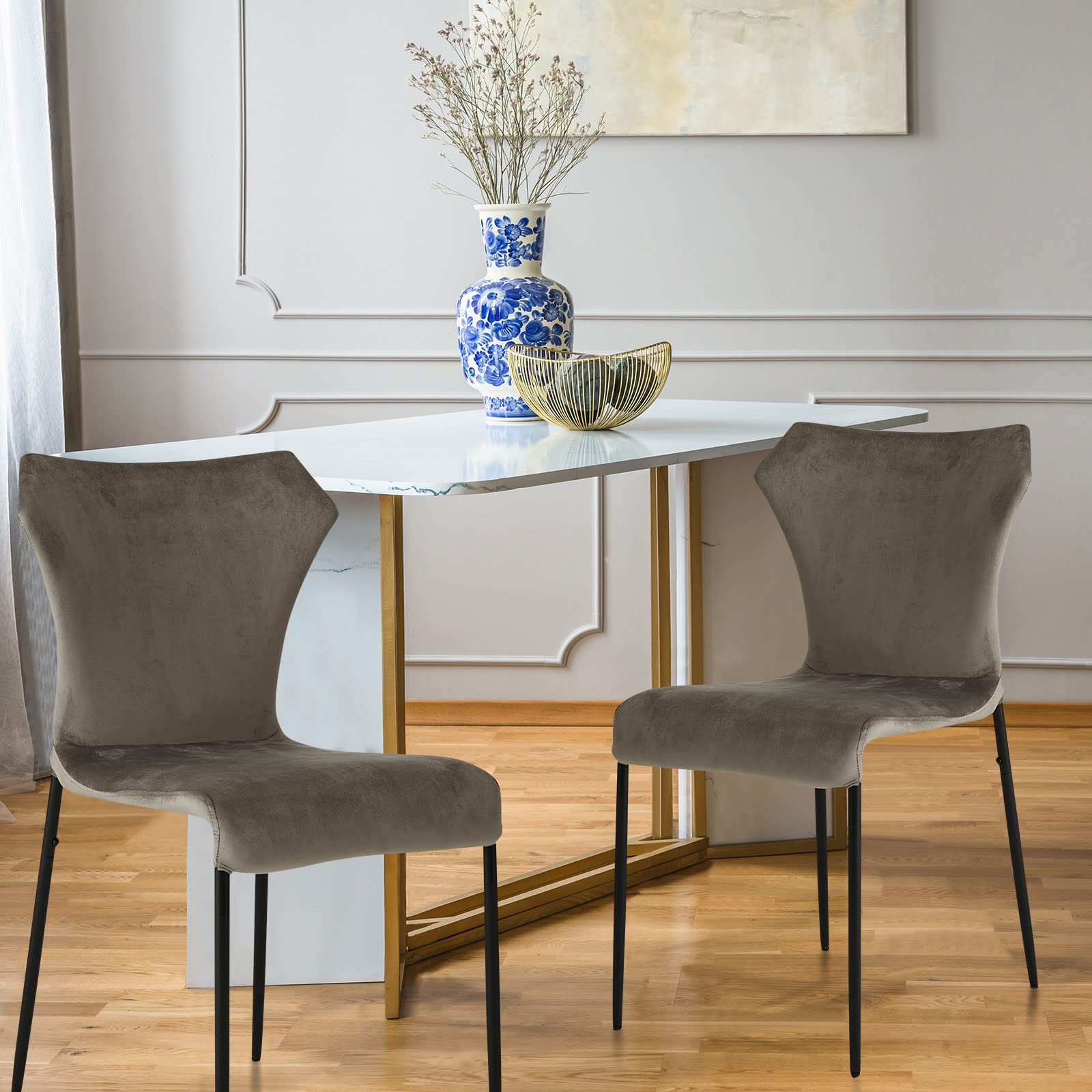 ANOUR Modern Velvet Dining Chairs Set of 2, Upholstered Kitchen Chairs with Sturdy Metal Legs, Armless Side Chairs for Dining Room & Kitchen - Soft Grey Velvet - Perfect for Home Decor, Restaurant, and Office Use