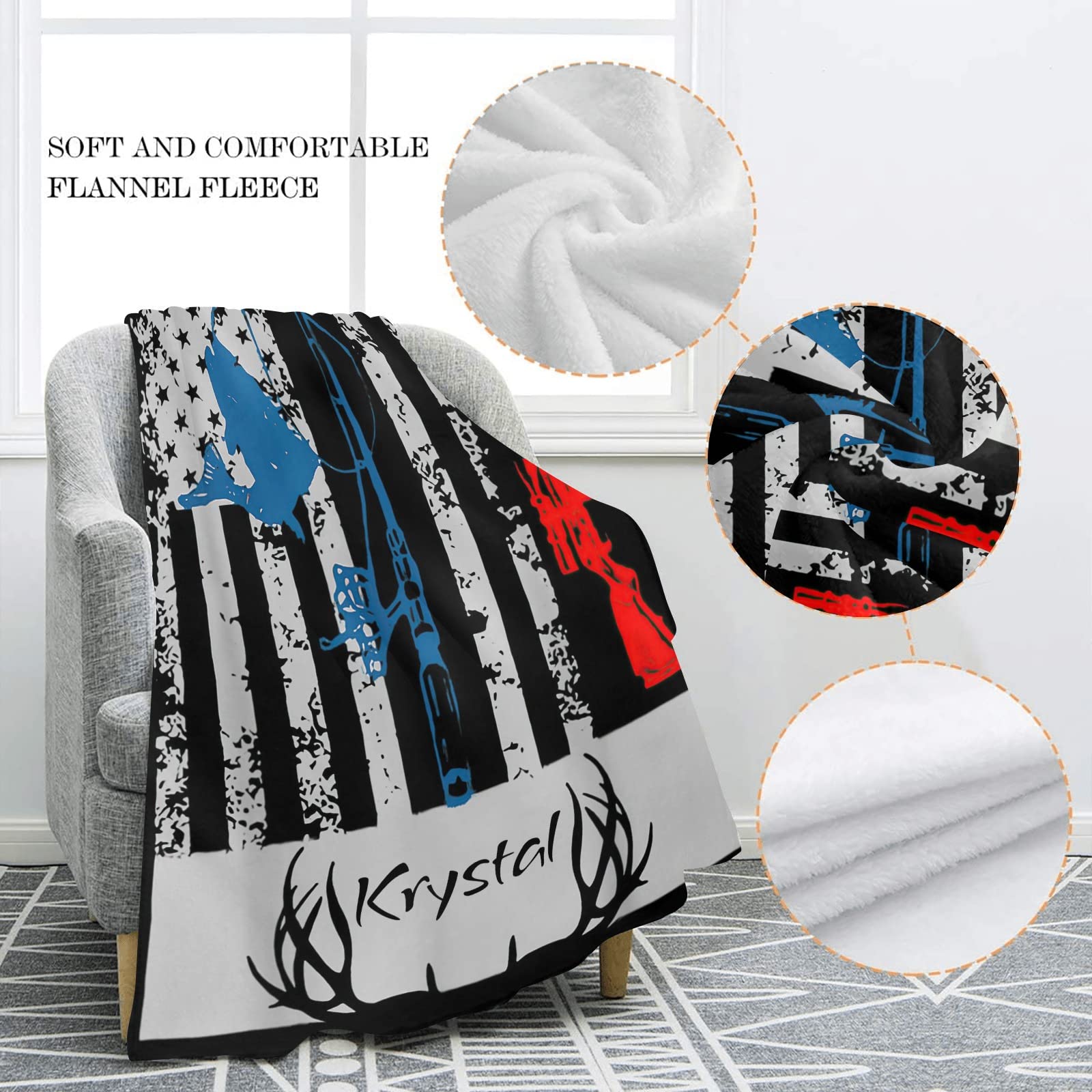 Custom Personalized American Flag Deer Camo Fishing Fleece Blanket - Super Soft 50x60 Inch Throw with Name Text - Perfect for Couch, Sofa, Bed & Outdoor Camping