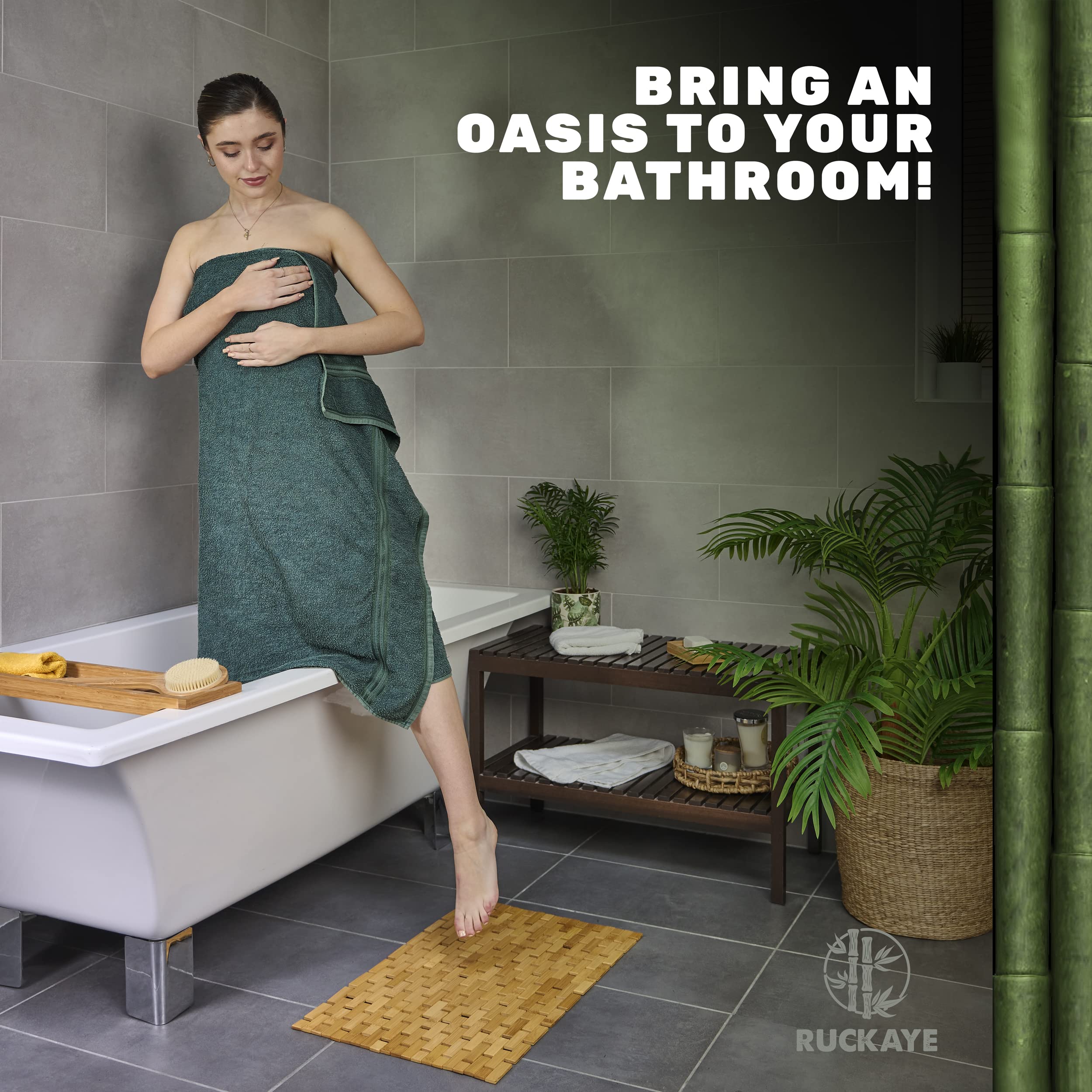 Premium 24x16 Bamboo Bath Mat with Non-Slip Silicone Grip Pads - Foldable Waterproof Wooden Shower Mat for Indoor & Outdoor Use - Perfect for Bathroom, Spa, Poolside, and Yoga Studio