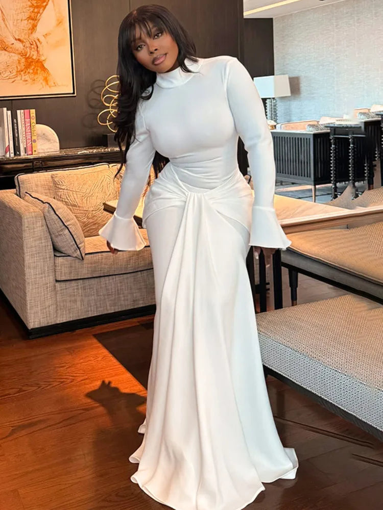 Articat Elegant Long Sleeve Bodycon Pleated Maxi Dress for Women - Winter 2025 Solid Color Slim Fit Party Evening Dress | Perfect for Cocktail Parties, Weddings & Holiday Events