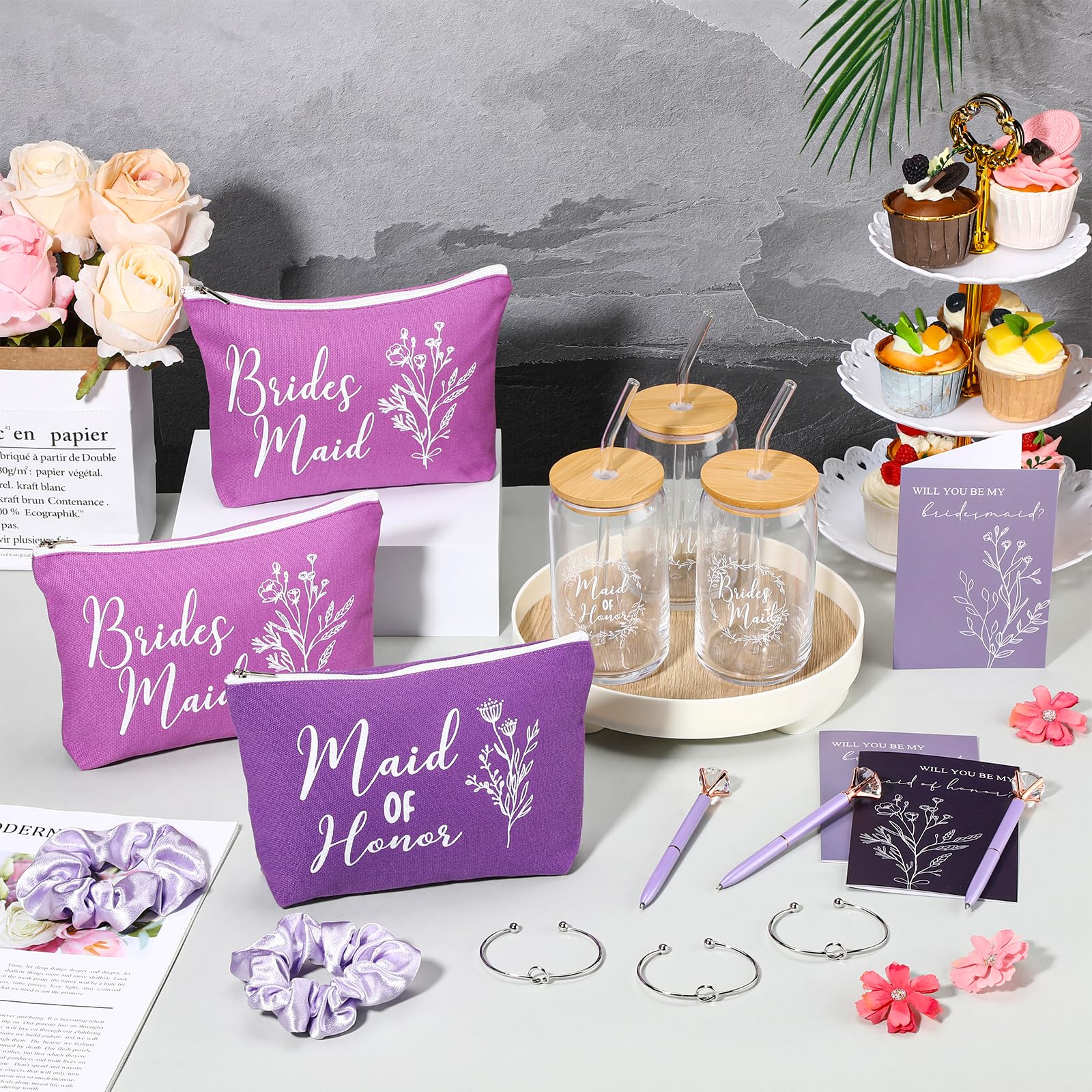 36 Pcs Bridesmaid Proposal Gift Set - 16oz Glass Cup, Cosmetic Bag, Invitation Card, Scrunchies, Knotted Bracelet & Diamond Pen - Perfect Wedding Shower Favors for Bridesmaids (Purple) - Ideal for Bachelorette Parties, Bridal Showers & Wedding Celebrations