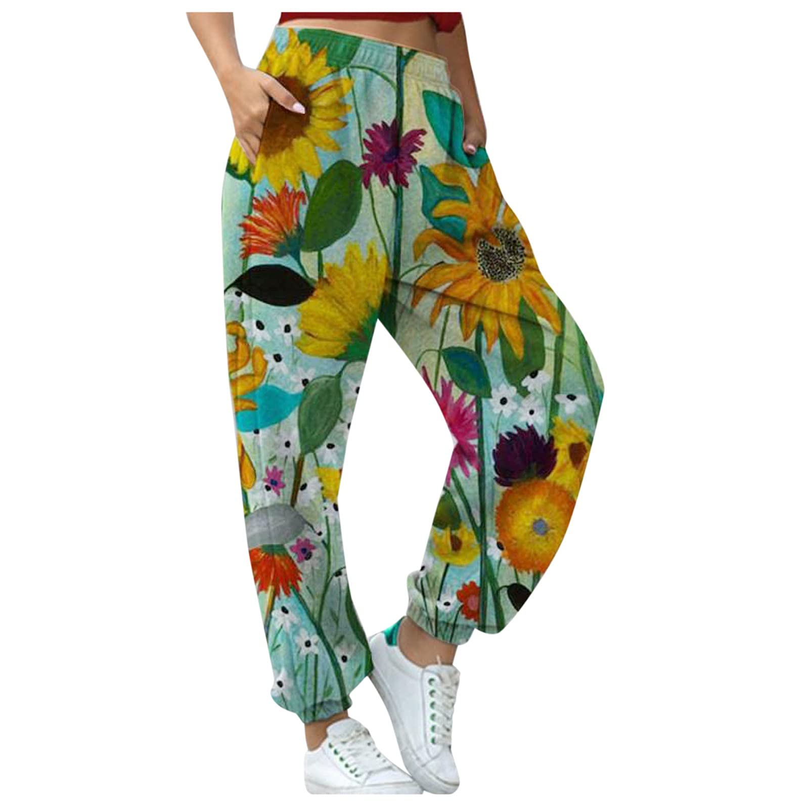 Makalon Women's Business Casual Pants - Floral Print Loose Fit Mid-Waist Trousers with Pockets for Office Work & Travel | Green Dress Pants for Professional Women