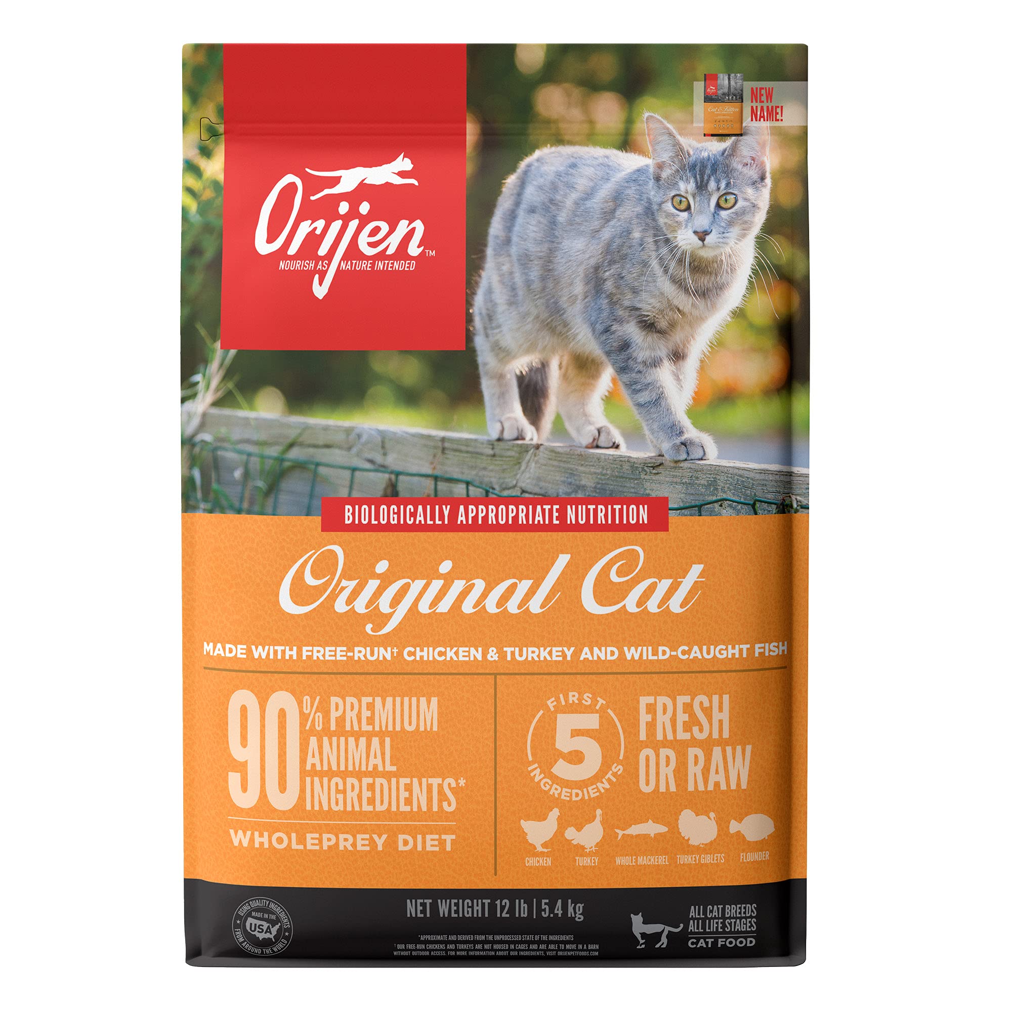 ORIJEN® Dry Original Cat Food - Premium High Protein Kibble with Fresh & Raw Animal Ingredients, 12lb Bag - Ideal for Adult Cats & Kittens, Supports Muscle Growth & Healthy Digestion