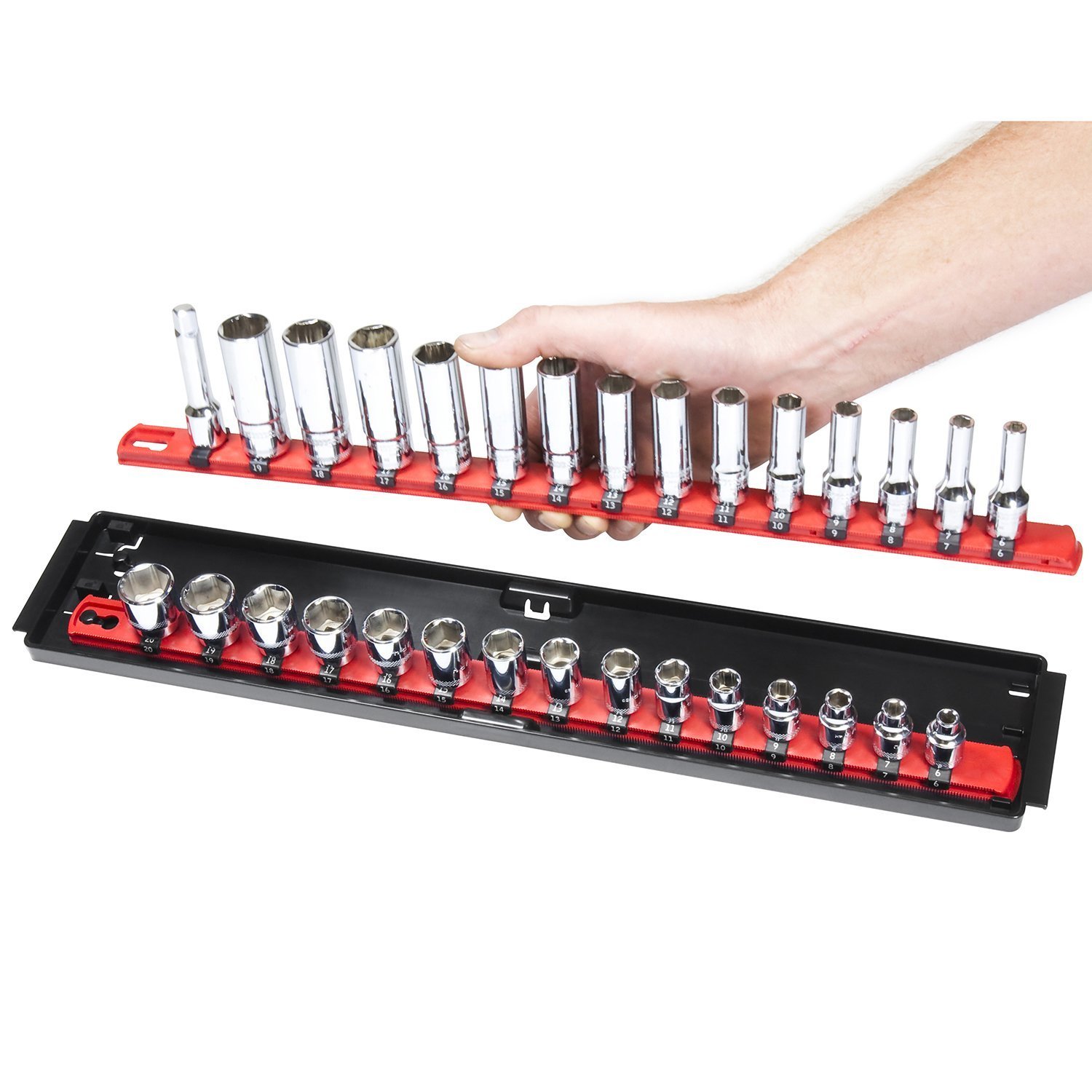 Ernst 8452+8453+8454+8458 Red Socket BOSS High-Density Tool Organizer Tray Set with 8 Rails - Perfect for Mechanics & DIY Auto Repair Workshops