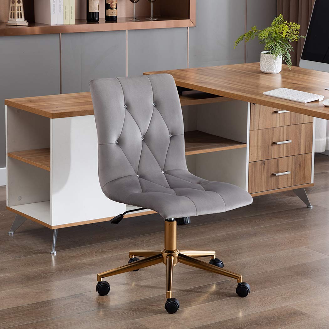 DUHOME Armless Velvet Tufted Office Chair - Adjustable Rolling Desk Chair with Wheels & Back Support, Grey - Perfect for Home Office, Computer Work & Vanity Dressing