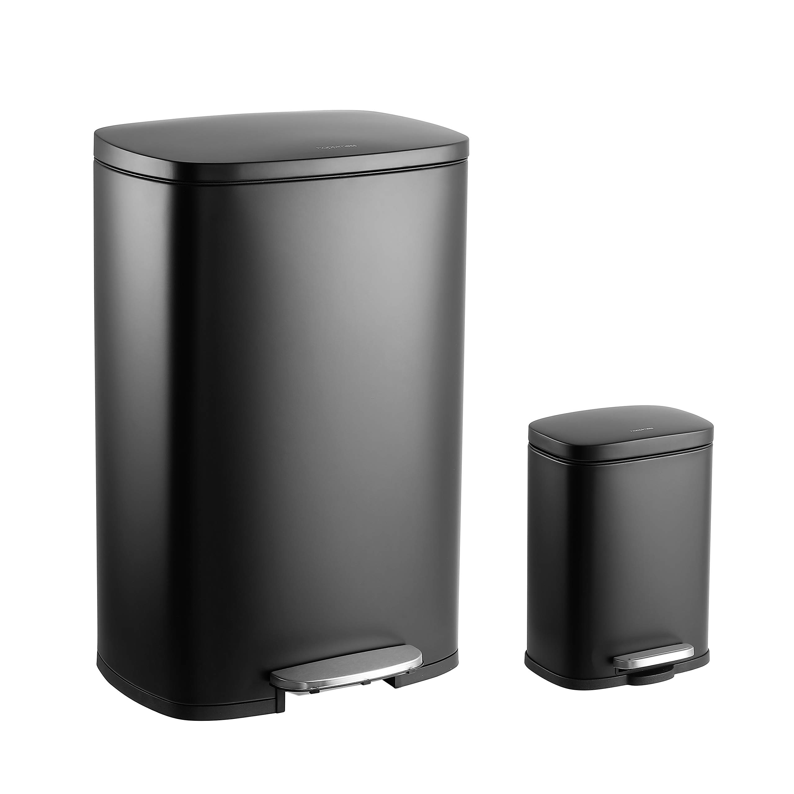 Happimess HPM1006B Step-Open Steel Pedal & Soft-Close Lid Trash Can - 12.98 Gallon Large & 1.3 Gallon Mini Garbage Bin for Kitchen, Office, Home - Black | Space-Saving Design for Small Spaces & Eco-Friendly Waste Disposal