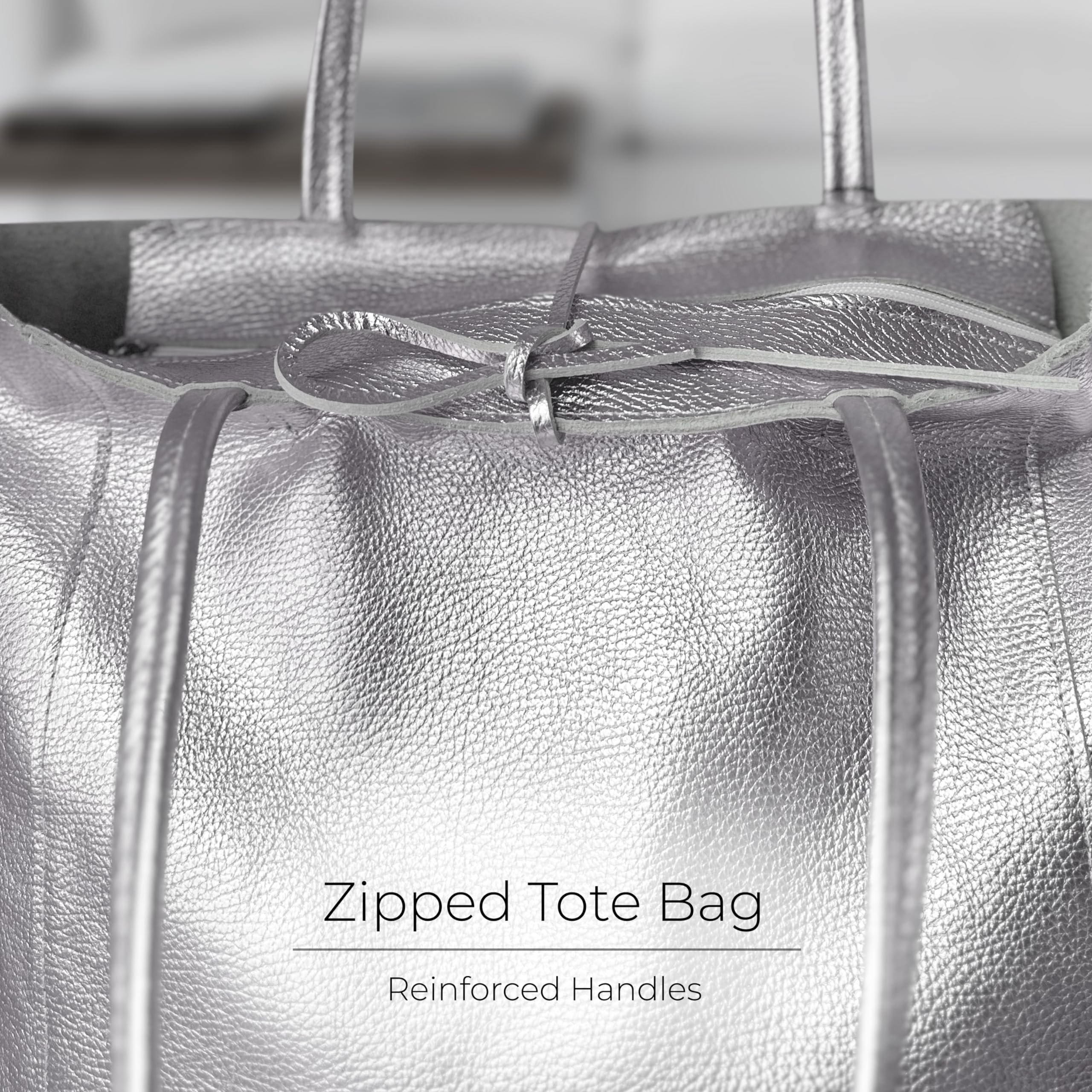 Italian Genuine Calf Leather Tote Bag for Women - Soft Metallic Unstructured Shopper with Zipper Closure & Interior Pocket | Perfect for Work, Travel and Everyday Use