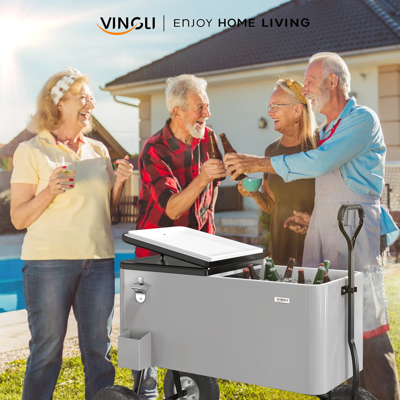 VINGLI 80 Quart Rolling Cooler with Wheels - Portable Ice Chest for Beach, Camping, Tailgating & Outdoor Parties - Heavy Duty Wagon Cooler with Long Handle & 10