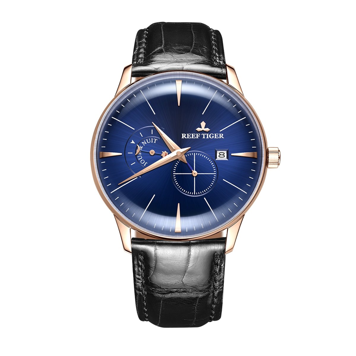 REEF TIGER Luxury Automatic Dress Watch for Men - Blue Dial, Waterproof Analog Wristwatch, Stainless Steel Case (Model RGA8219-PLB) | Perfect for Business, Formal Events & Special Occasions