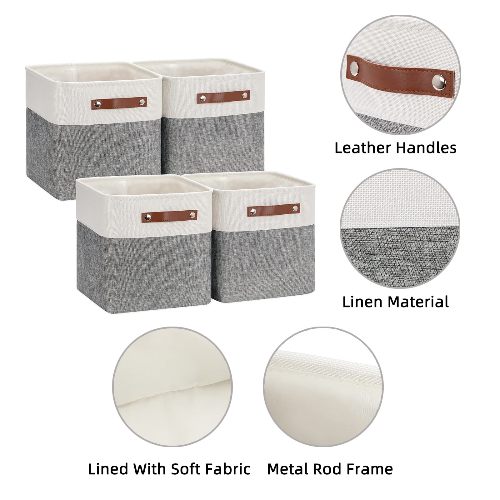 HNZIGE 11x11 Inch Foldable Fabric Cube Storage Bins with Handles - Set of 4 for Home Organization, Shelves, Closet, Nursery & Bedroom - Perfect for Toys, Clothes & Accessories (White & Gray)