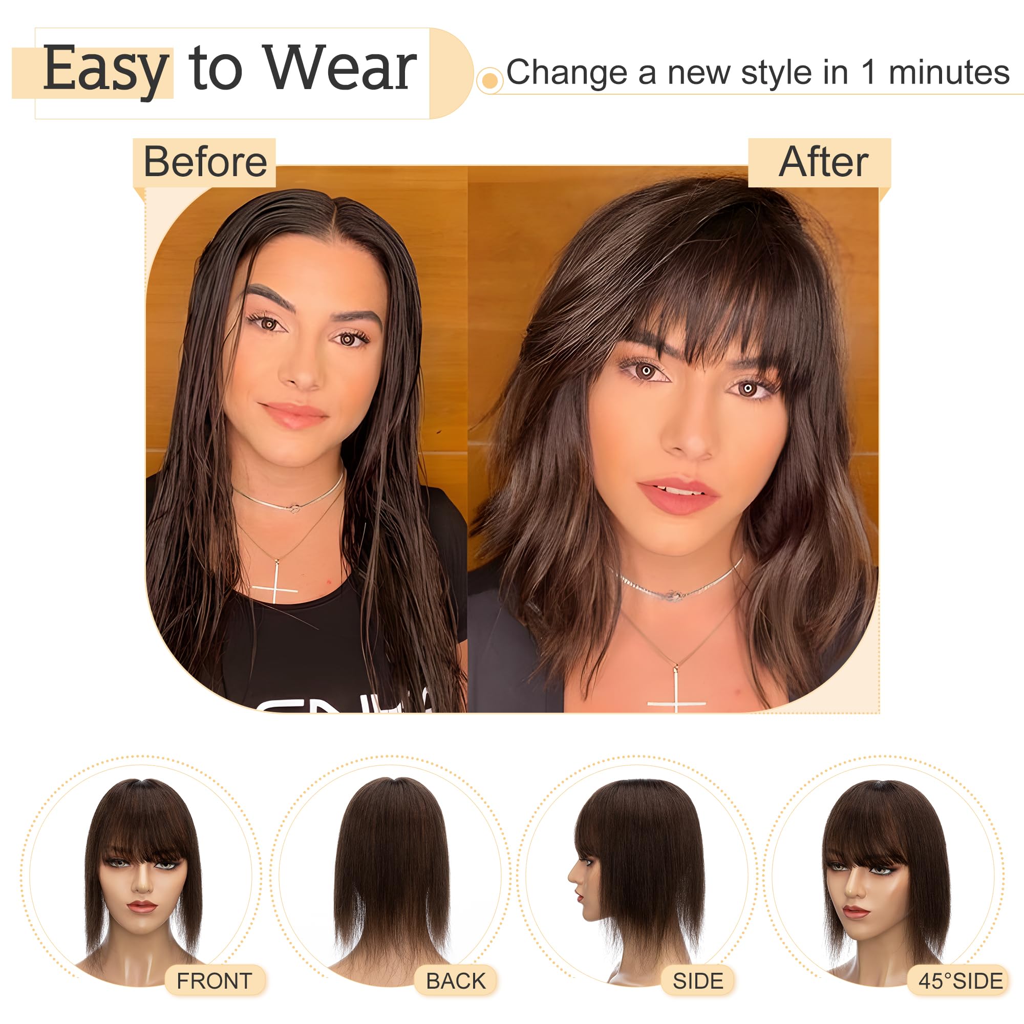 SEGO Real Human Hair Toppers for Women with Bangs - 7x13cm Silk Base, 100% Remy Human Hair Clip-in Top Wiglet for Thinning Hair (14 Inch, Dark Brown) - Perfect for Daily Wear, Parties & Special Occasions