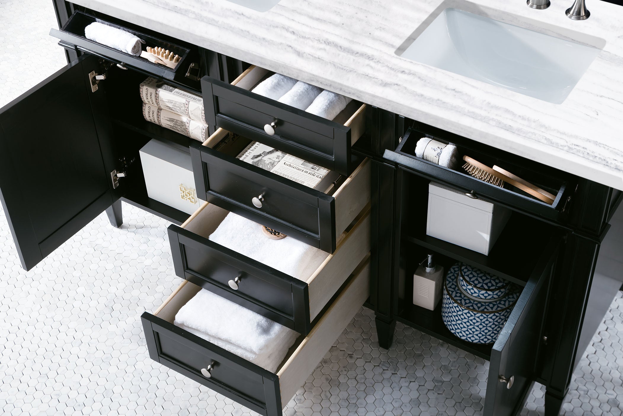 Brittany 60-Inch Black Onyx Double Bathroom Vanity with 3CM Arctic Fall Solid Surface Countertop - Perfect for Master Bathroom & Luxury Home Renovation