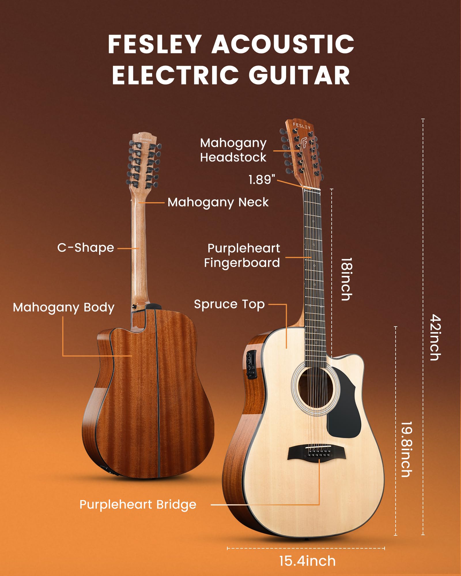 Fesley 12 String Acoustic Electric Guitar - 42