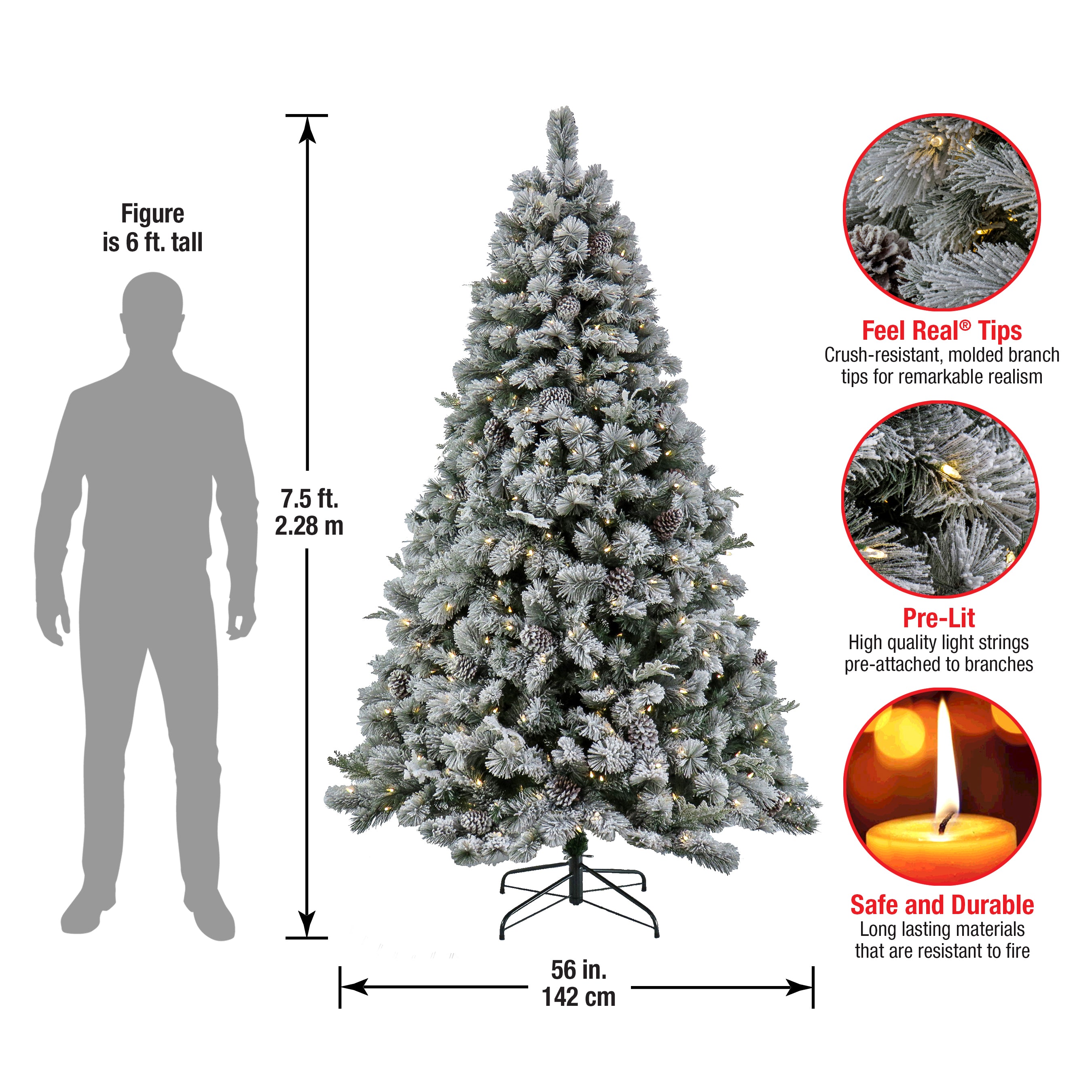 7.5 ft Pre-Lit Snowy Silver Hill Pine Artificial Christmas Tree with Warm White LED Lights - Perfect for Living Room, Office, and Holiday Decorations