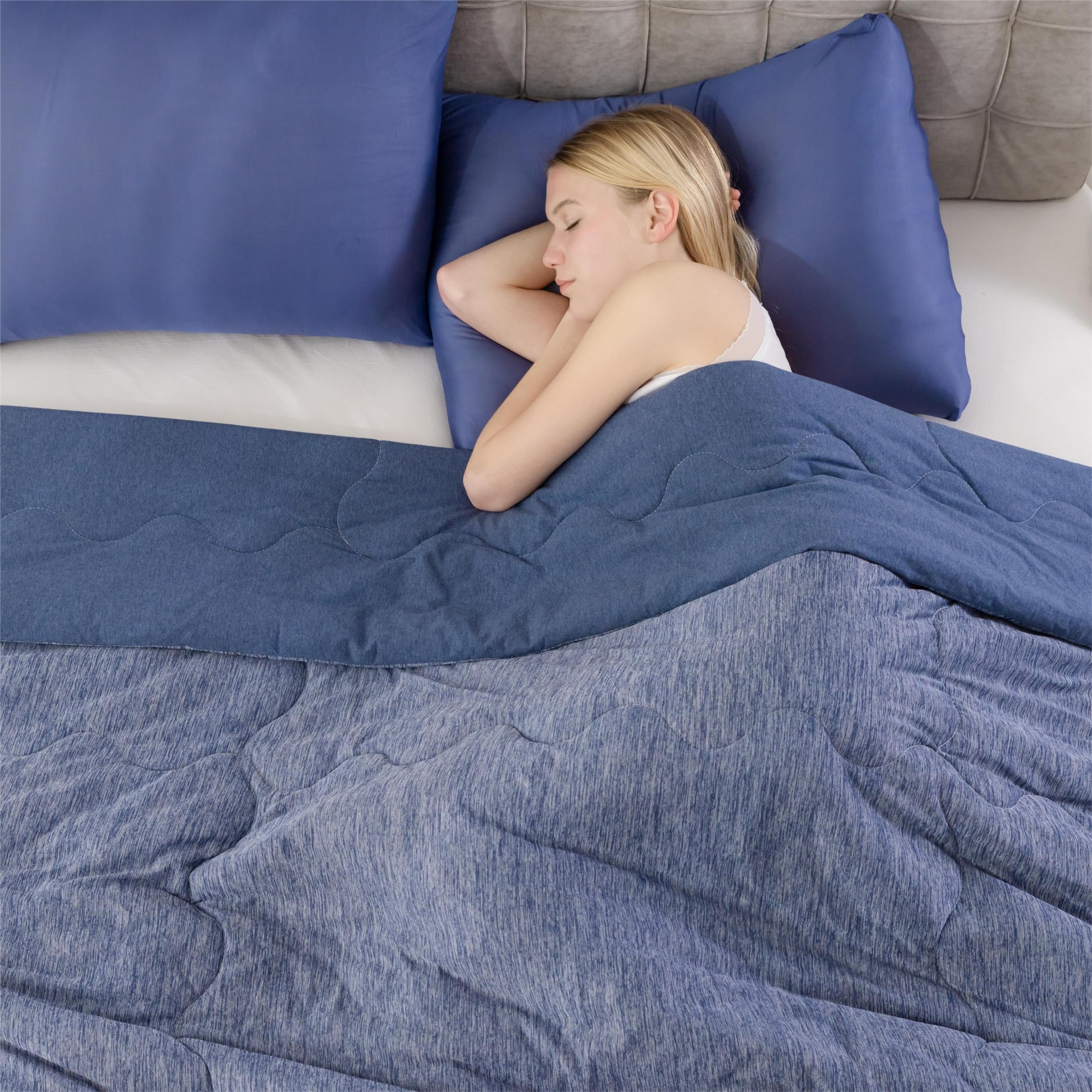 King Size Cooling Comforter with Japanese Q-Max 0.45 Cooling Fiber - All Season Lightweight Cotton Blanket for Summer & Winter (Navy Blue, 90x108 Inches) - Perfect for Hot Sleepers, Bedroom, Guest Room & Dorm