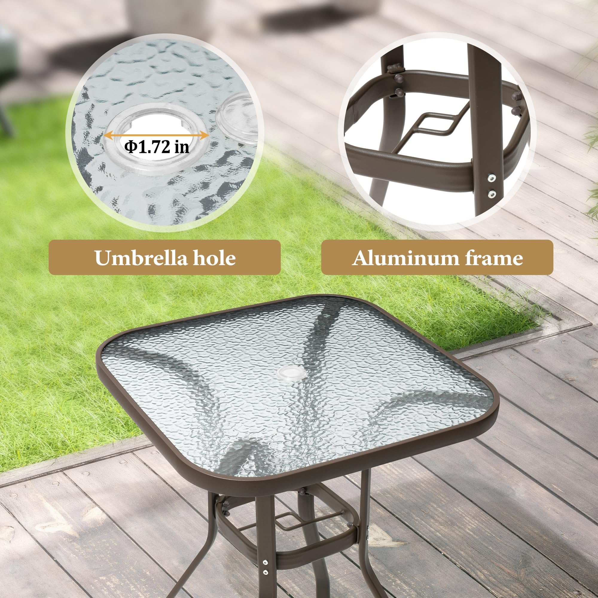 Crestlive Outdoor Bar Table with Umbrella Hole - Aluminum Frame & Tempered Glass Top Patio Dining Bistro Table - Durable Garden, Poolside, Deck, Lawn Furniture for Outdoor Entertaining (Brown)
