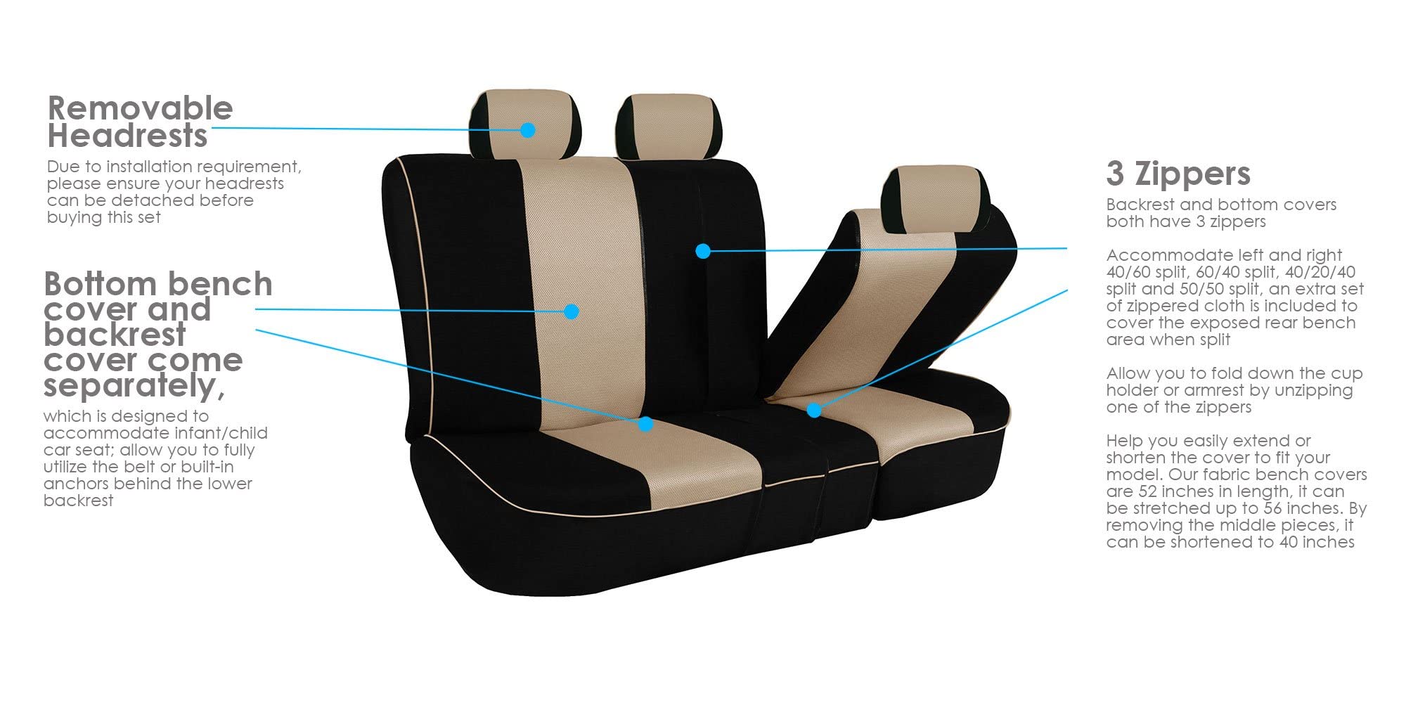 Premium FH Group Universal Car Seat Covers - Full Set Beige Cloth with Edgy Piping | Airbag Compatible & Split Rear Design | Fits Most Cars, Trucks & SUVs | Perfect for Daily Commute, Road Trips & Interior Protection