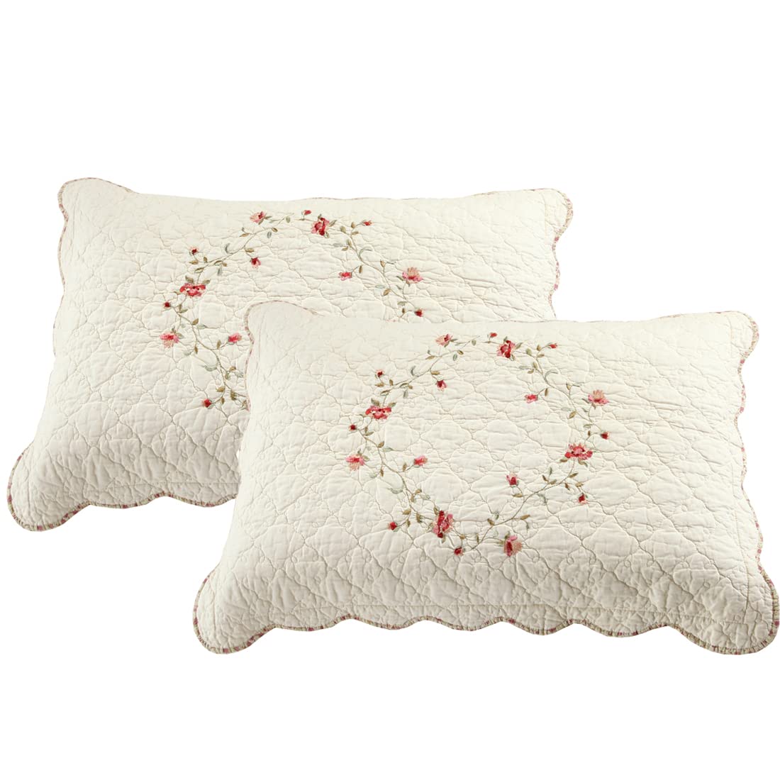 VCTOPS 2-Piece King Size Floral Embroidered Pillow Shams Set - 100% Cotton Quilted Decorative Pillow Covers (20x36 Inches, Cream) for Bedroom, Living Room & Home Decor