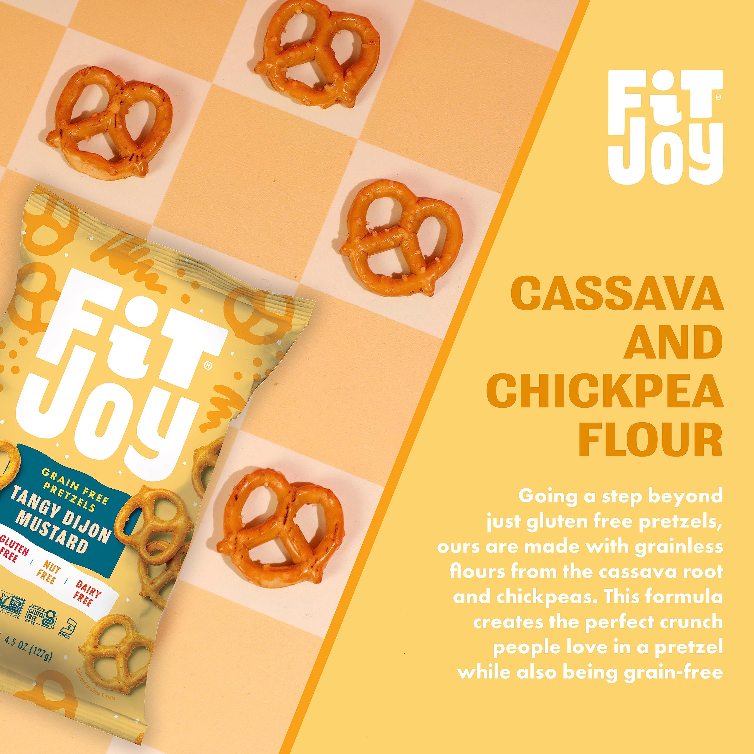 FitJoy Gluten Free Pretzels - Tangy Dijon Mustard Twists | Grain Free, Non-GMO, Vegan Certified Snacks | Made in USA, Nut Free, 4.5 Oz (6 Pack) | Perfect for Lunchboxes, Movie Nights & Healthy On-the-Go Snacking