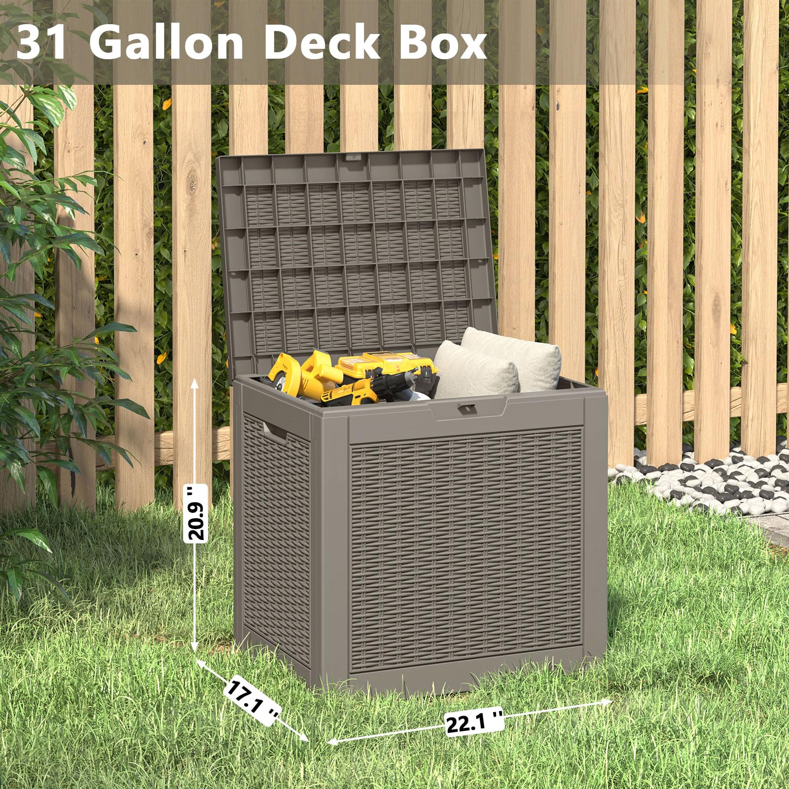 31 Gallon Waterproof Outdoor Deck Box - Lockable Resin Storage Container for Garden Tools, Supplies & Patio Accessories | Perfect for Backyard, Deck & Poolside Organization